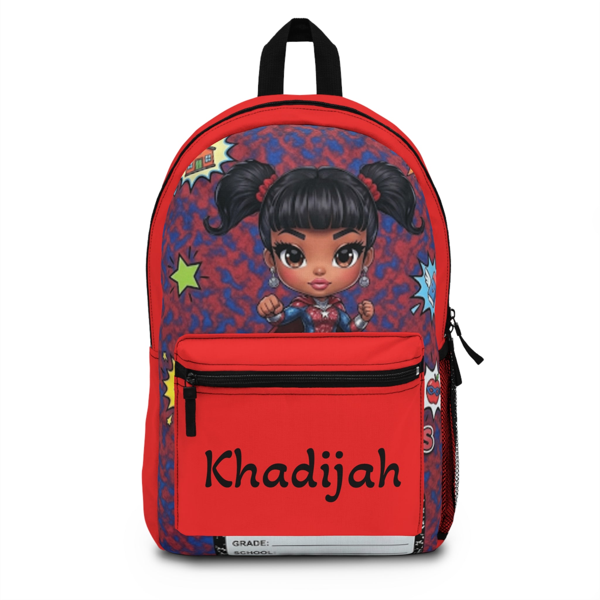 Personalized Kids Backpack – Cute Cartoon Girl Design with Name (Khadijah)