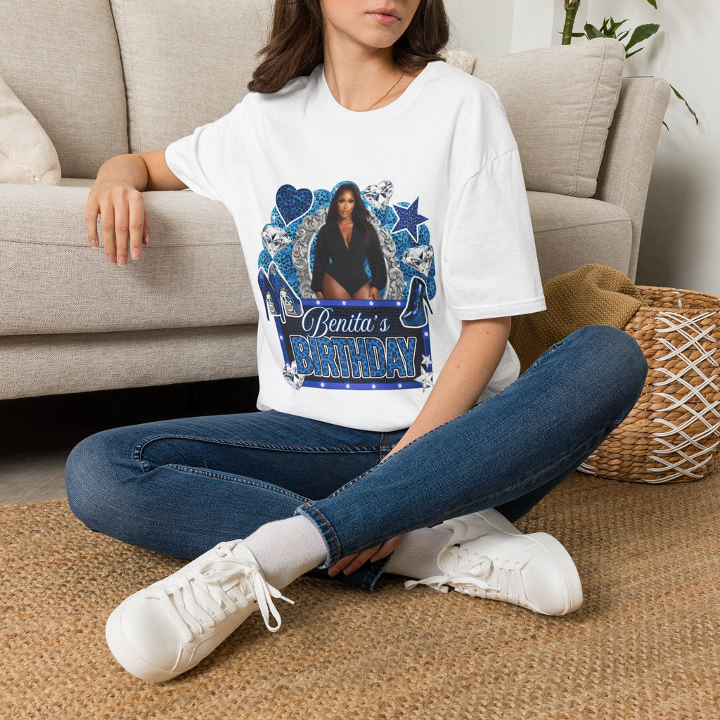 Custom Photo Birthday T-Shirt — Personalized "Birthday" Design with Blue Hearts & Diamonds