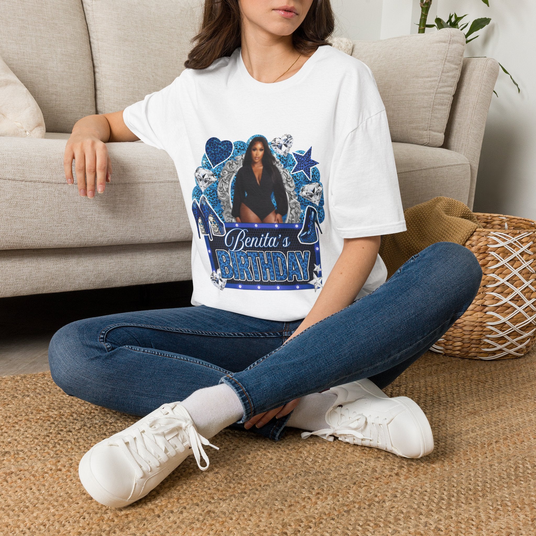 Custom Photo Birthday T-Shirt — Personalized "Birthday" Design with Blue Hearts & Diamonds