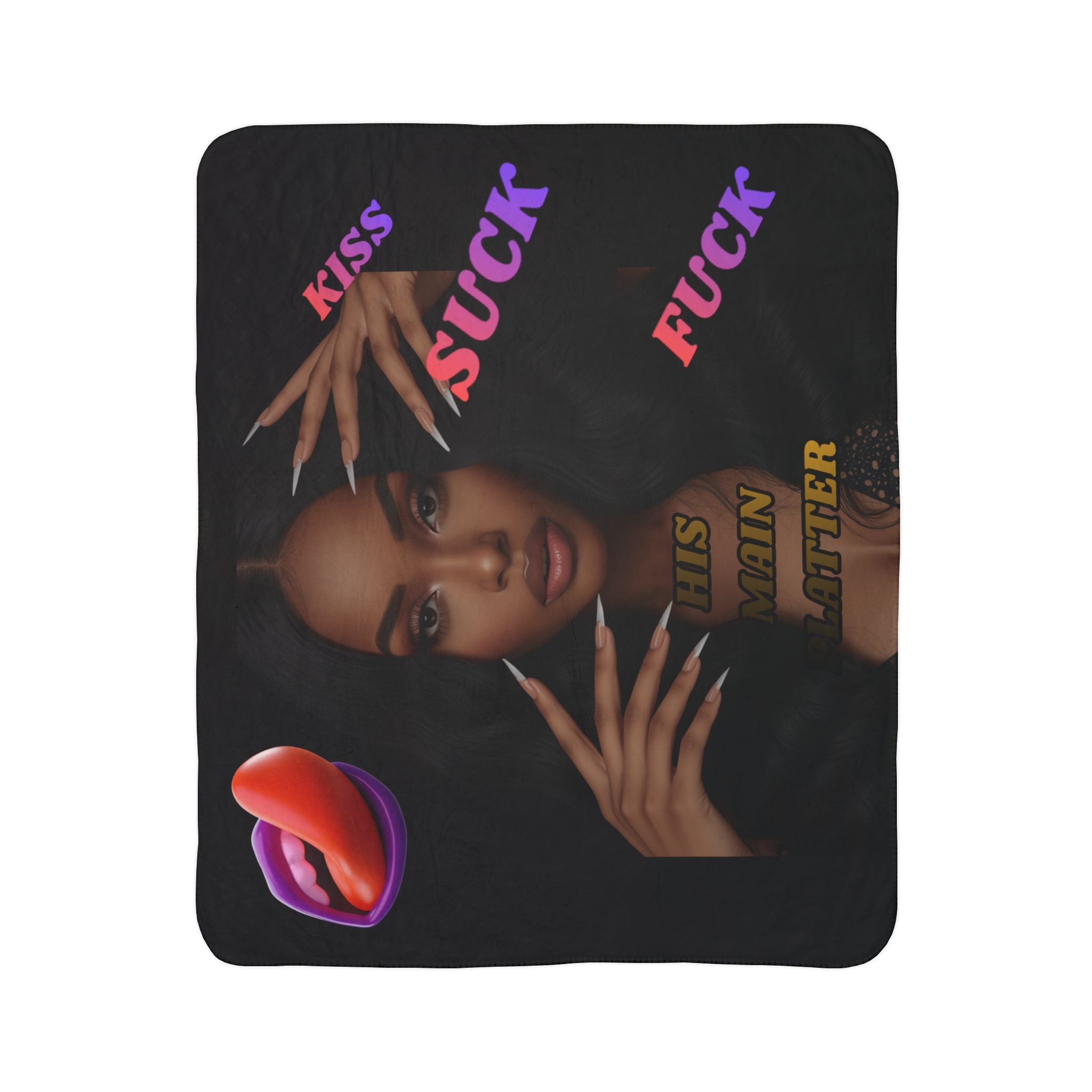 Fleece Sherpa Blanket — Bold Black Portrait with 'Kiss Suck Fuck' Text & Lip Graphic