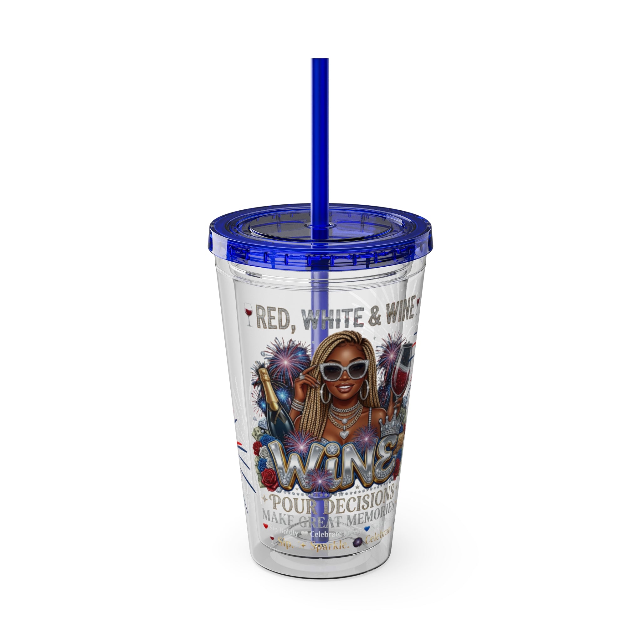 16oz Sunsplash Tumbler with Straw — 'Red, White & Wine' Patriotic Wine Lover Cup
