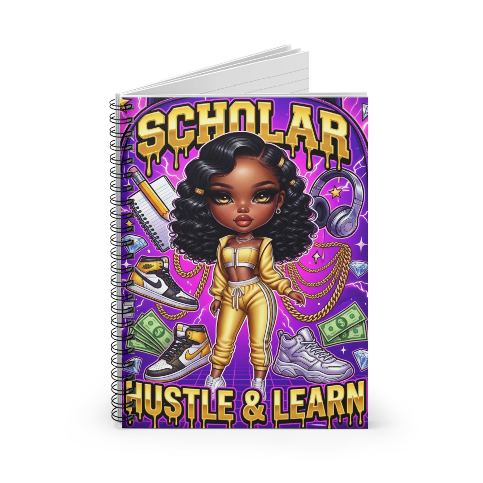 Scholar Hustle & Learn Spiral Notebook — Cute Afro Girl Study Journal