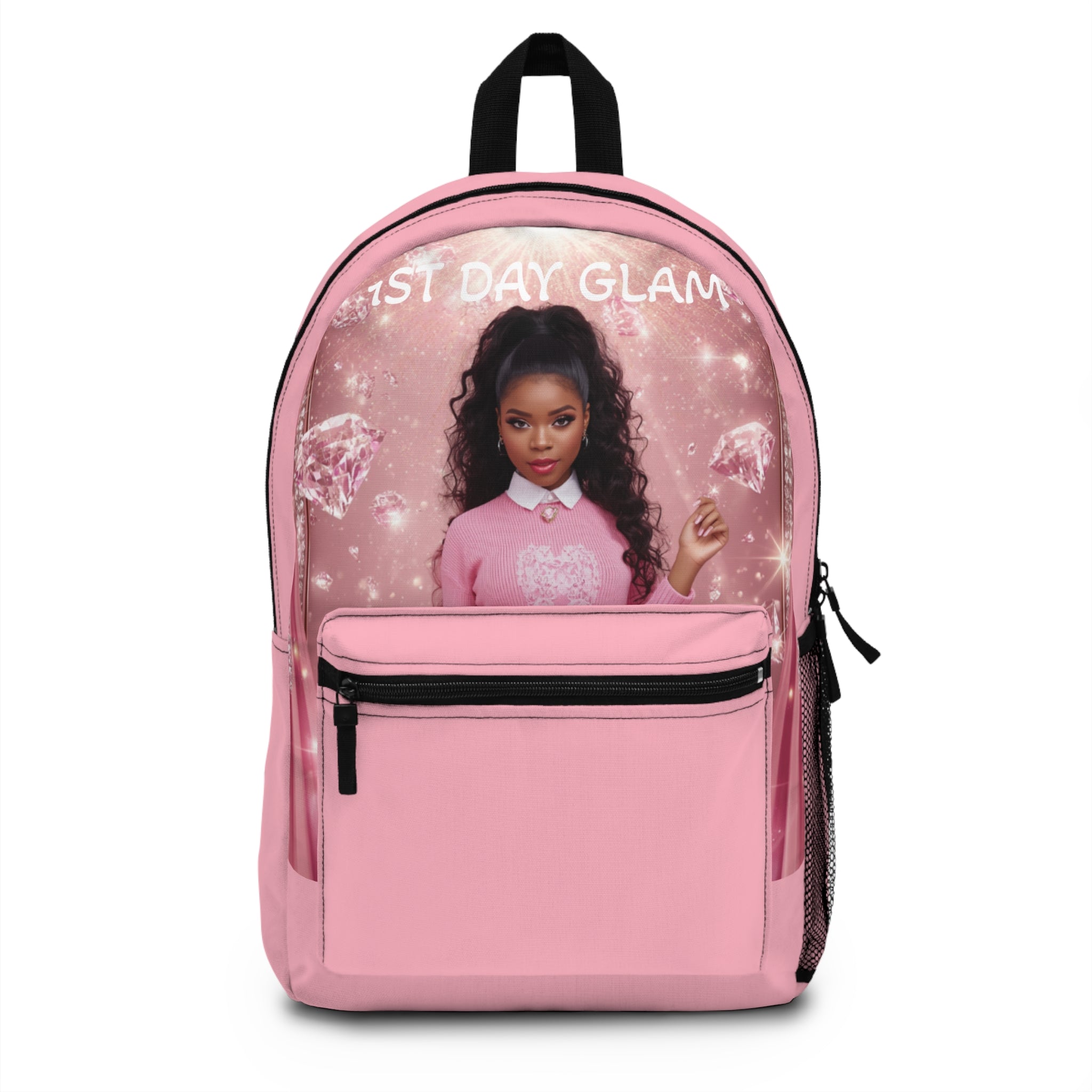 First Day Glam Pink Backpack — Sparkle School Bag with Doll Portrait