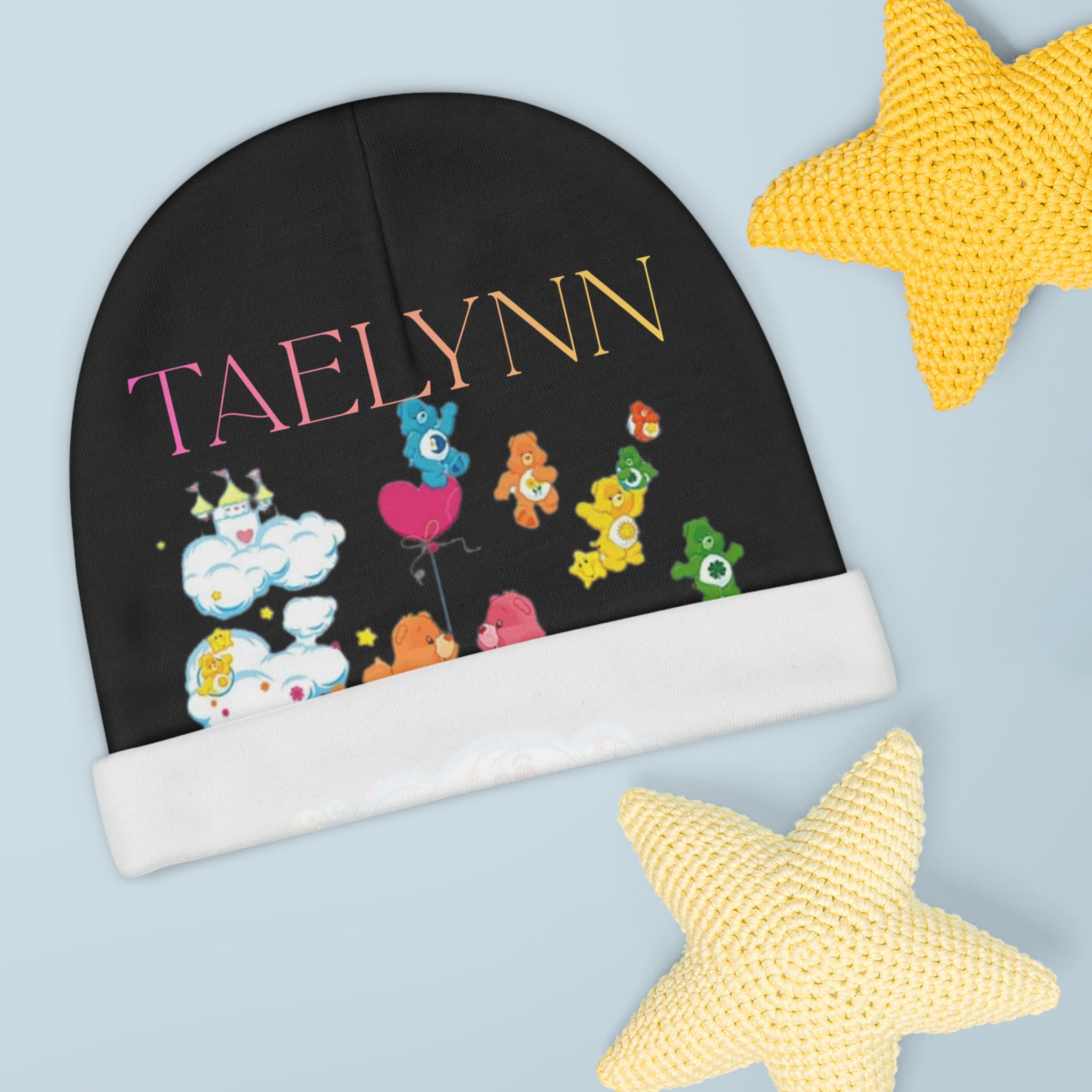 Personalized Care Bears Baby Beanie – Name “TAELYNN” Cute Cloud Nursery Hat