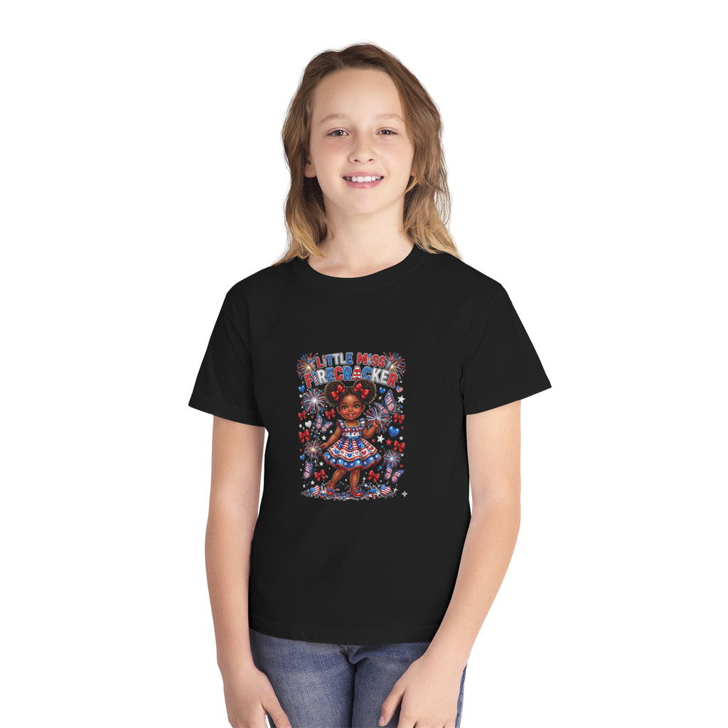 Youth Tee — “Little Miss Firecracker” Patriotic Girl Graphic T-Shirt