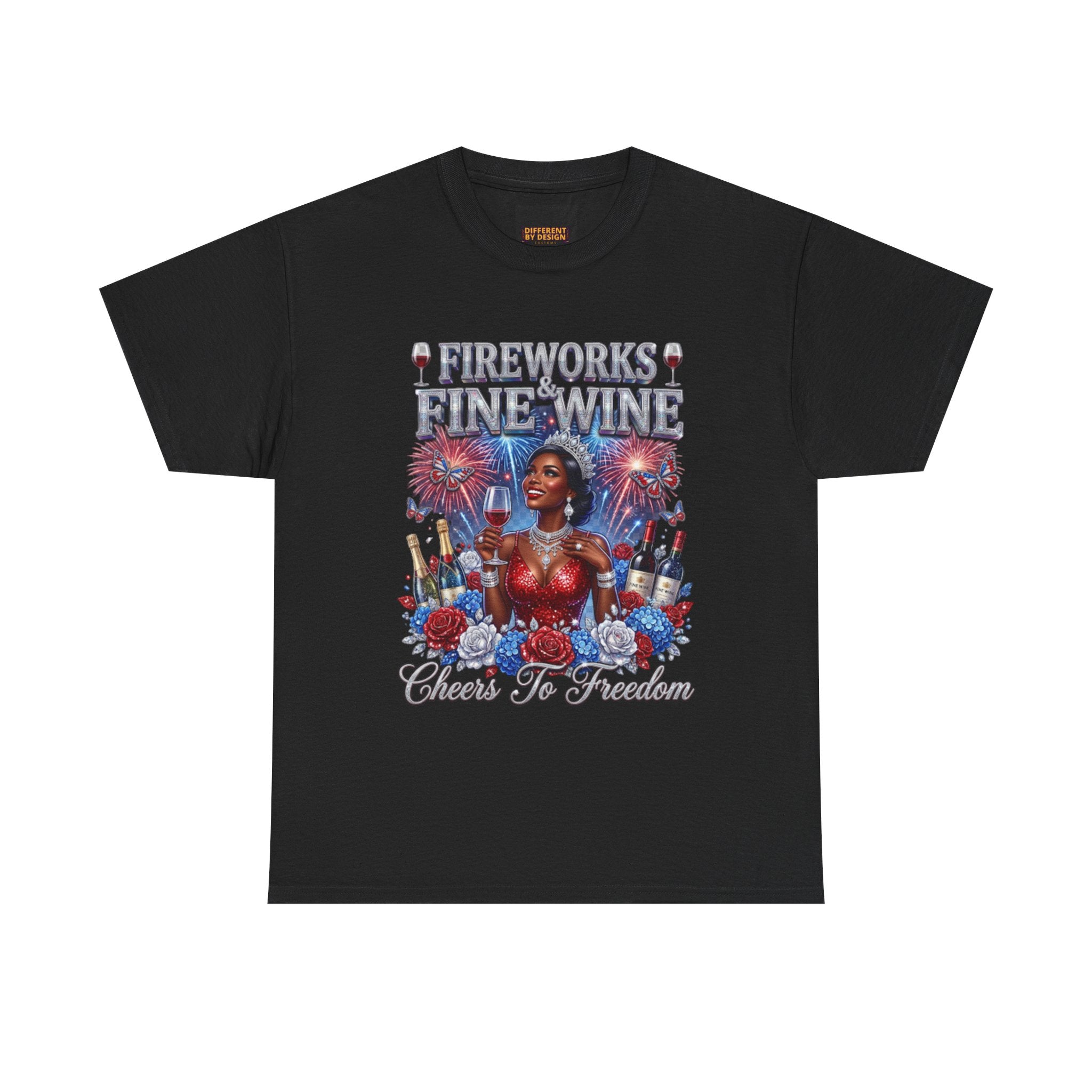 Fireworks & Fine Wine Tee — Cheers to Freedom 4th of July Patriotic Shirt
