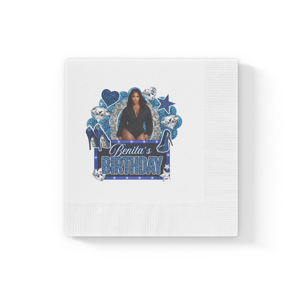 Personalized Birthday Napkins — "Benita's Birthday" Blue Glam Cocktail Napkins