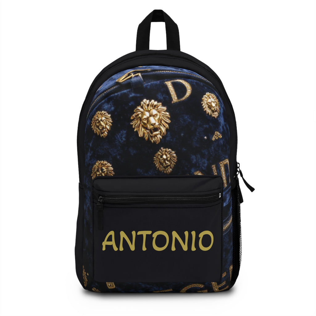 Personalized Gold Lion Emblem Backpack – Custom Name Antonio