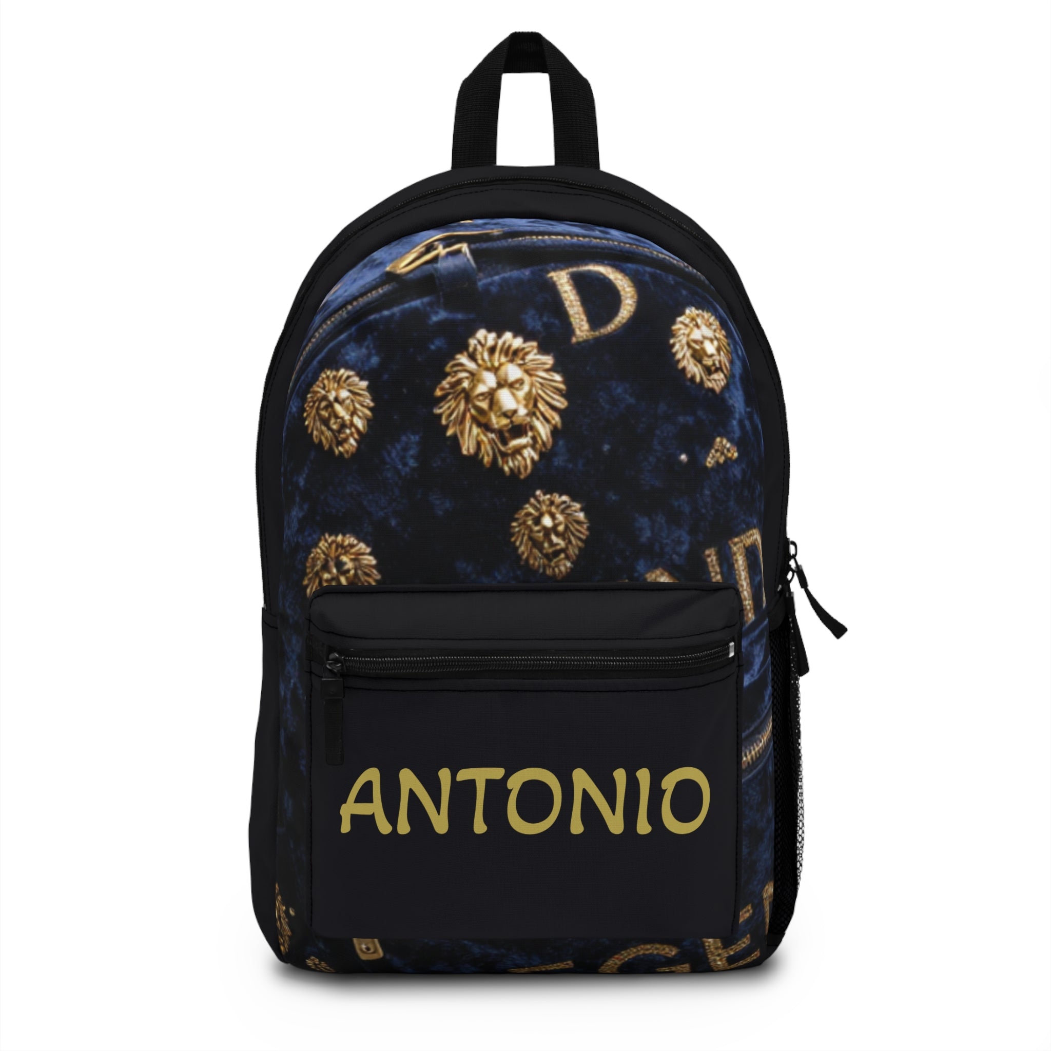 Personalized Gold Lion Emblem Backpack – Custom Name Antonio