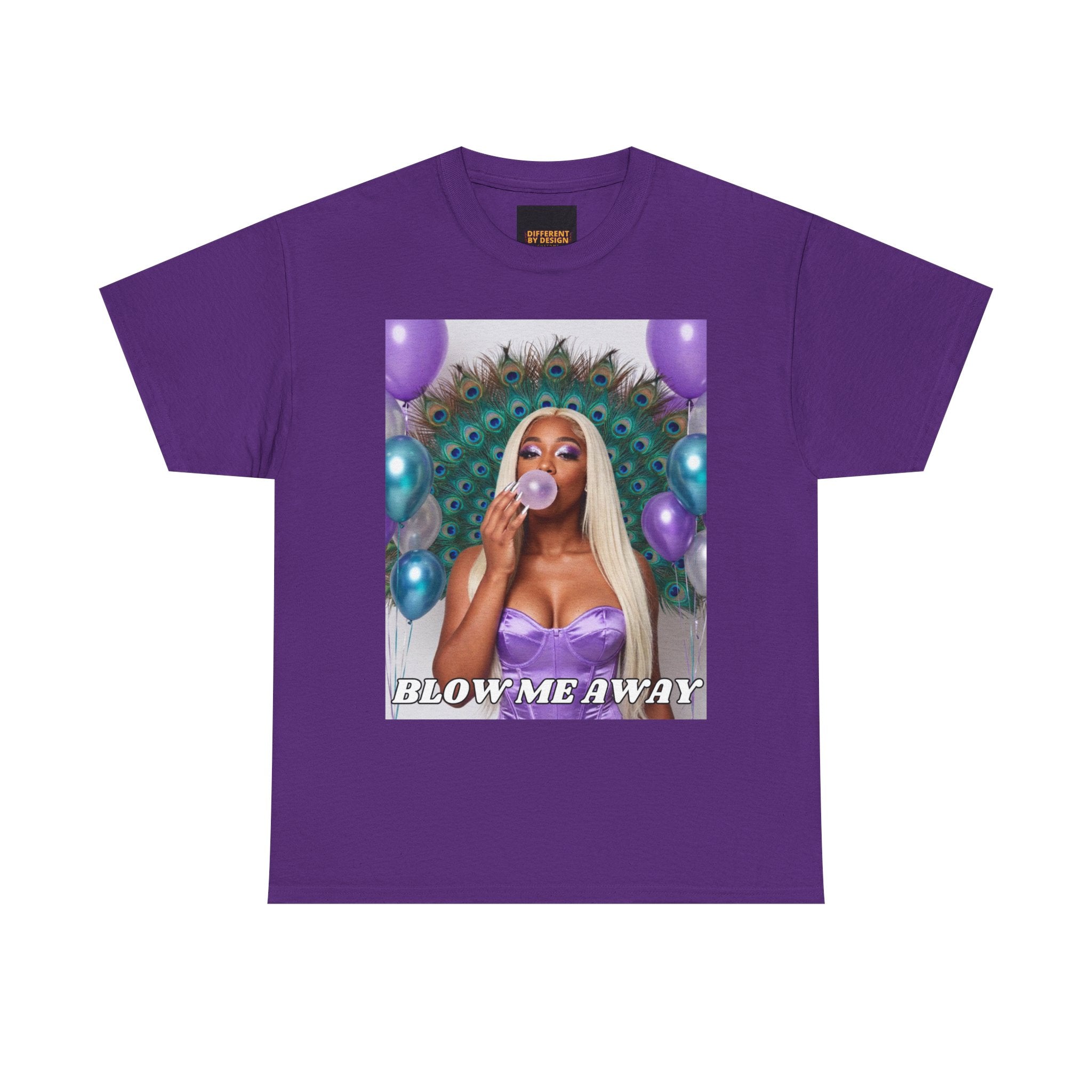 T-Shirt — "Blow Me Away" Bubblegum Pop Graphic Tee (Purple Peacock Design)