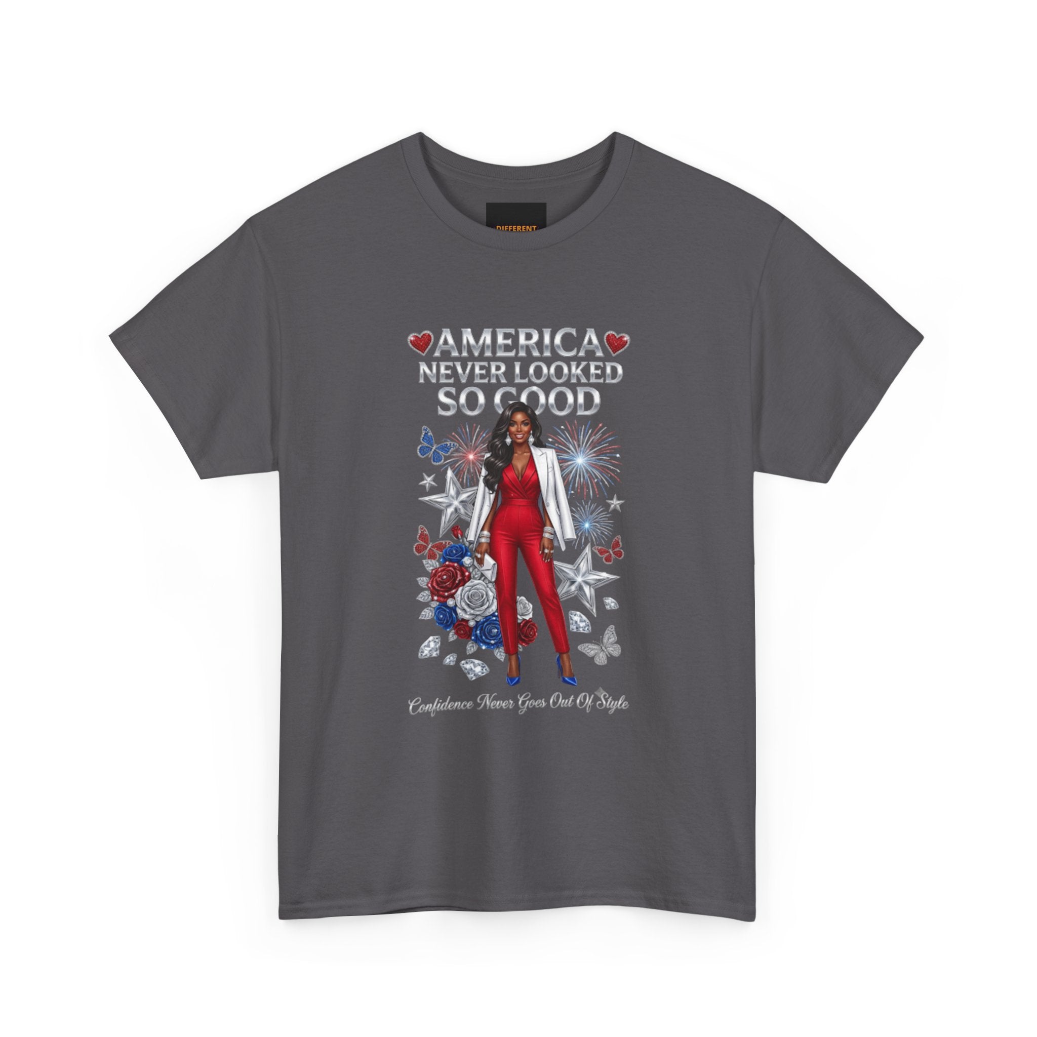 Patriotic 'America Never Looked So Good' Tee — Women's Red Jumpsuit 4th of July Shirt