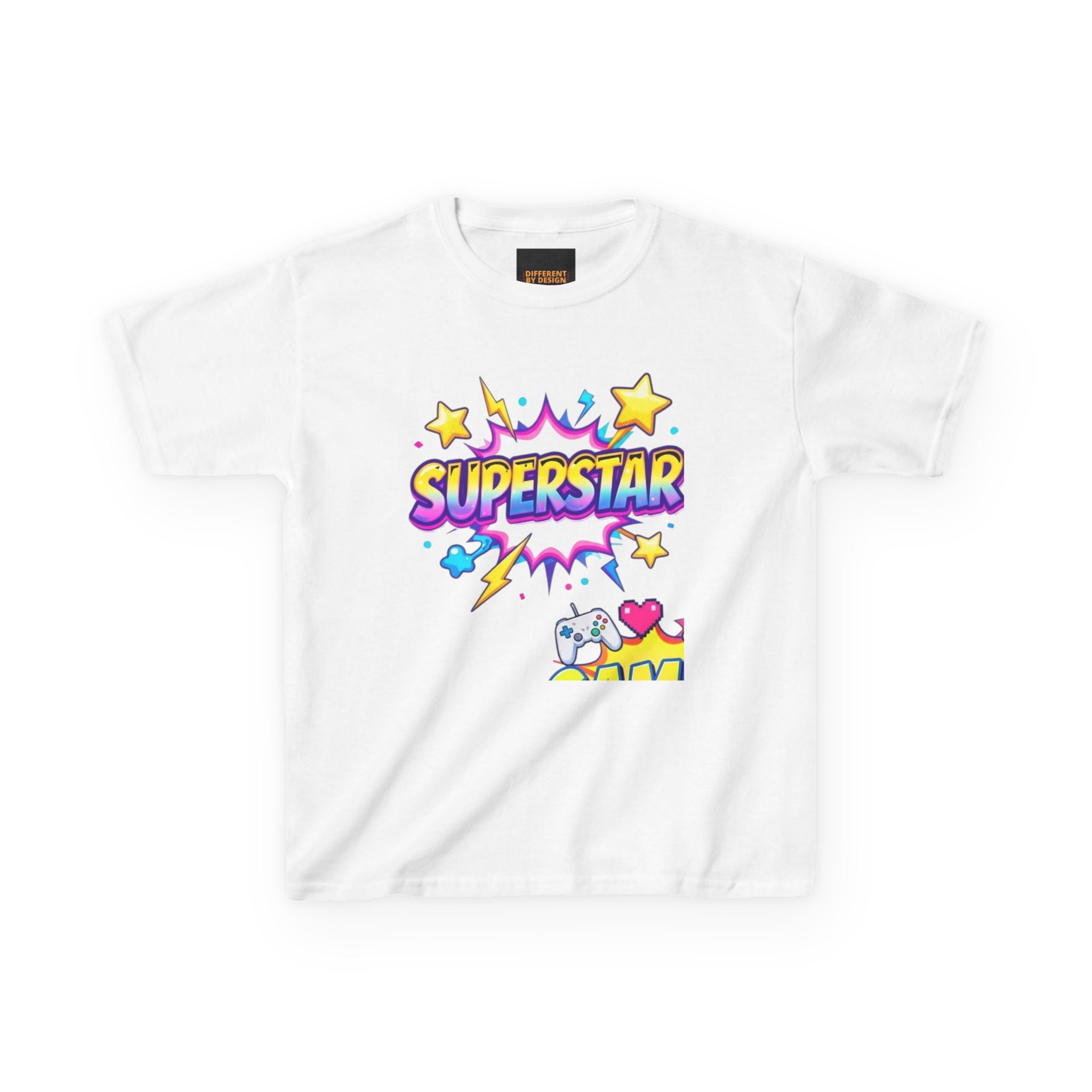 Kids 'Superstar' Graphic Tee — Colorful Stars & Cute Cat Design