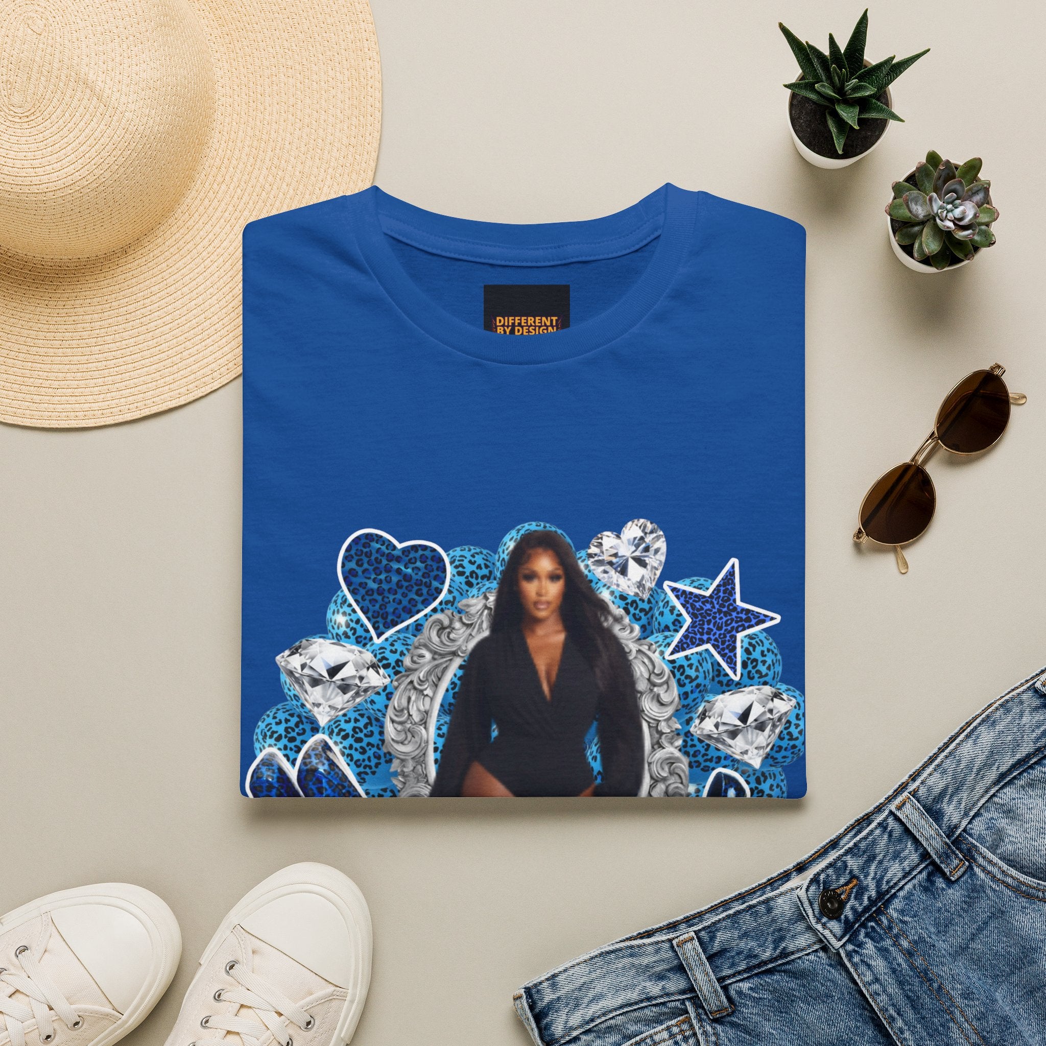 Custom Photo Birthday T-Shirt — Personalized "Birthday" Design with Blue Hearts & Diamonds