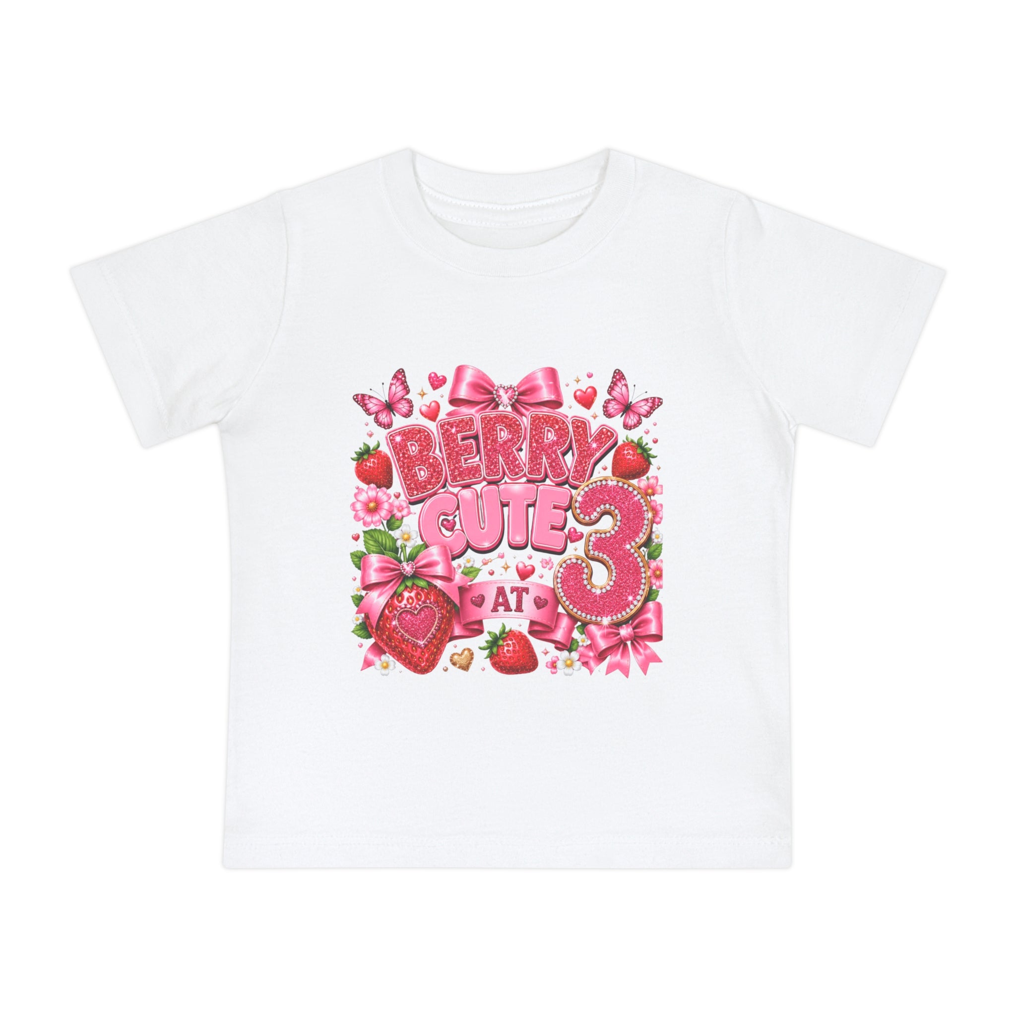 Toddler T-Shirt — "Berry Cute at 3" Pink Strawberry 3rd Birthday Tee