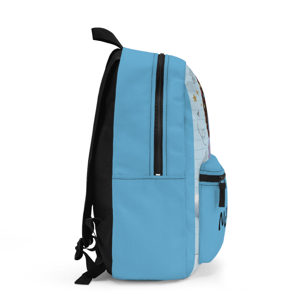 Personalized Blue Kids Backpack with Curly-Haired Doll Design — "Ma'Kenzie"