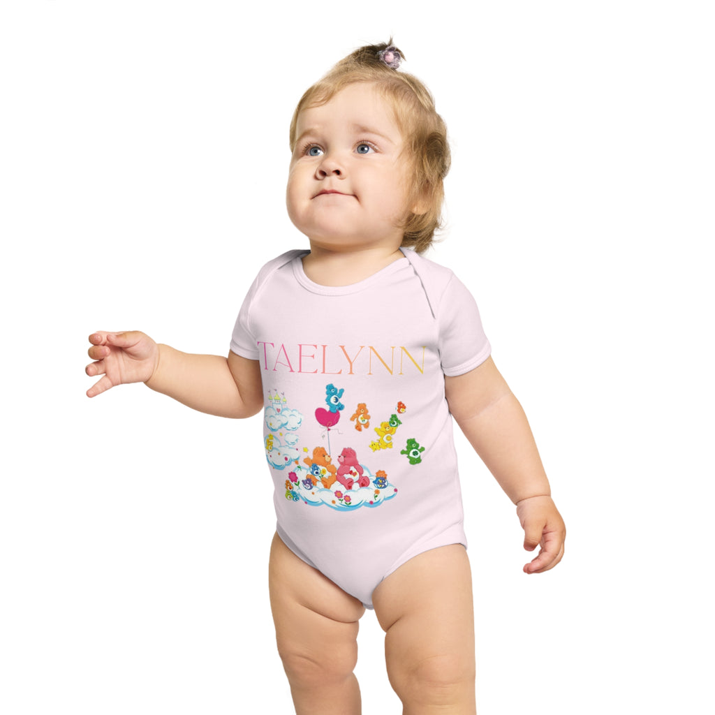 Personalized Baby Bodysuit with Colorful Cartoon Cloud Friends — Custom Name "TAELYNN"