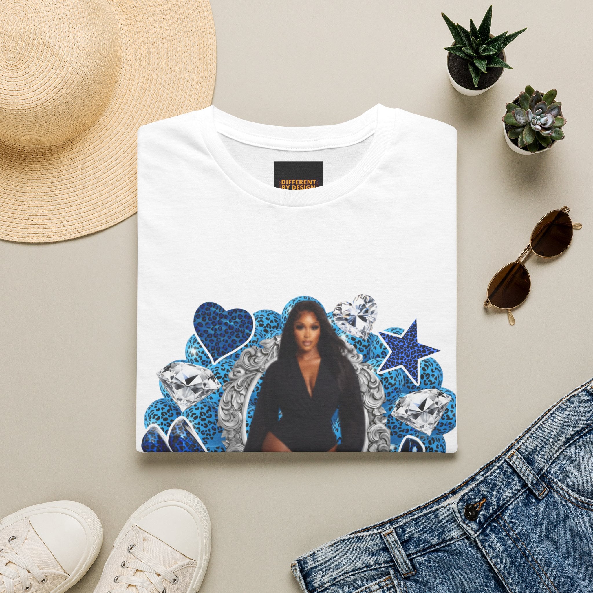 Custom Photo Birthday T-Shirt — Personalized "Birthday" Design with Blue Hearts & Diamonds