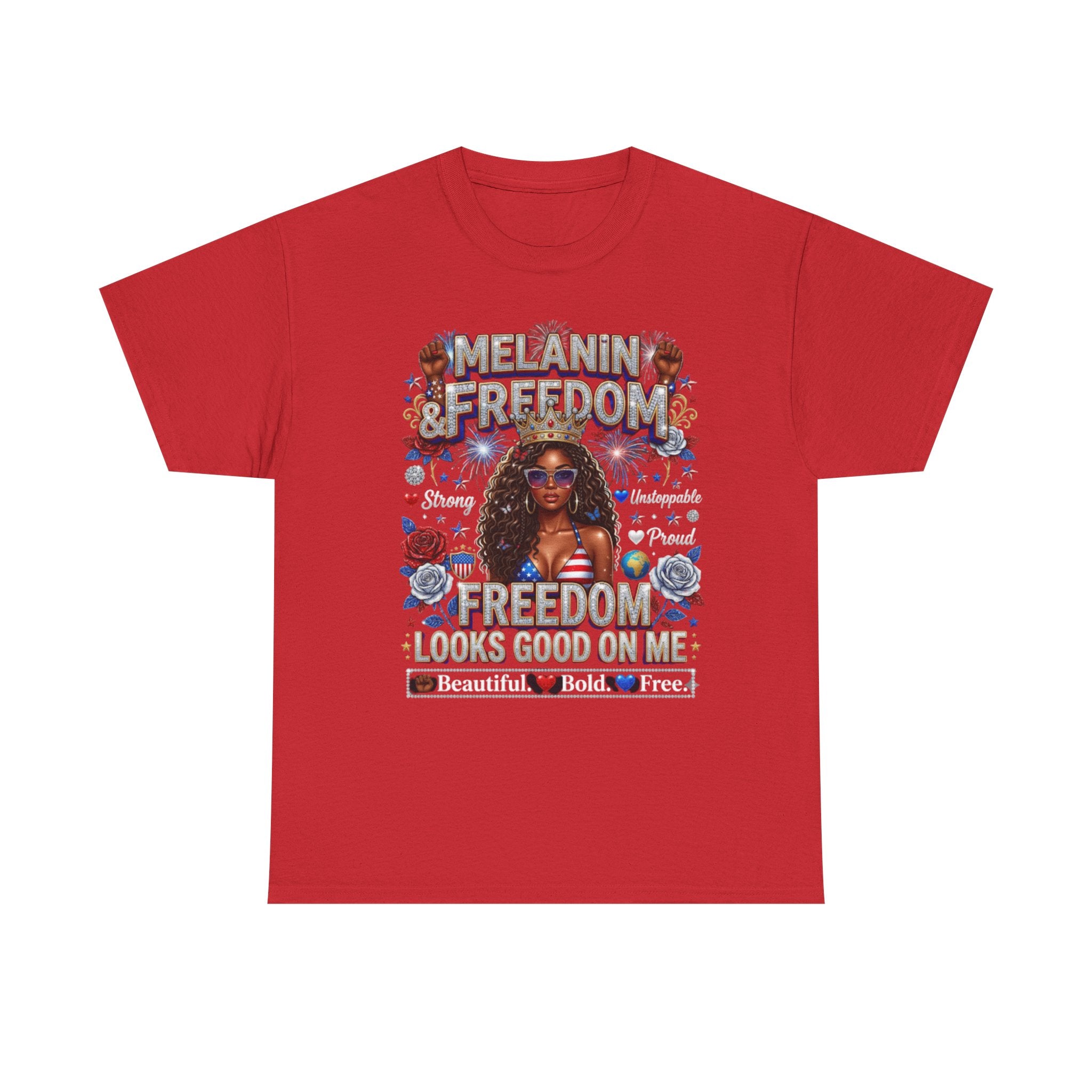 Melanin & Freedom Graphic Tee — "Freedom Looks Good on Me" Patriotic Afrocentric T-Shirt