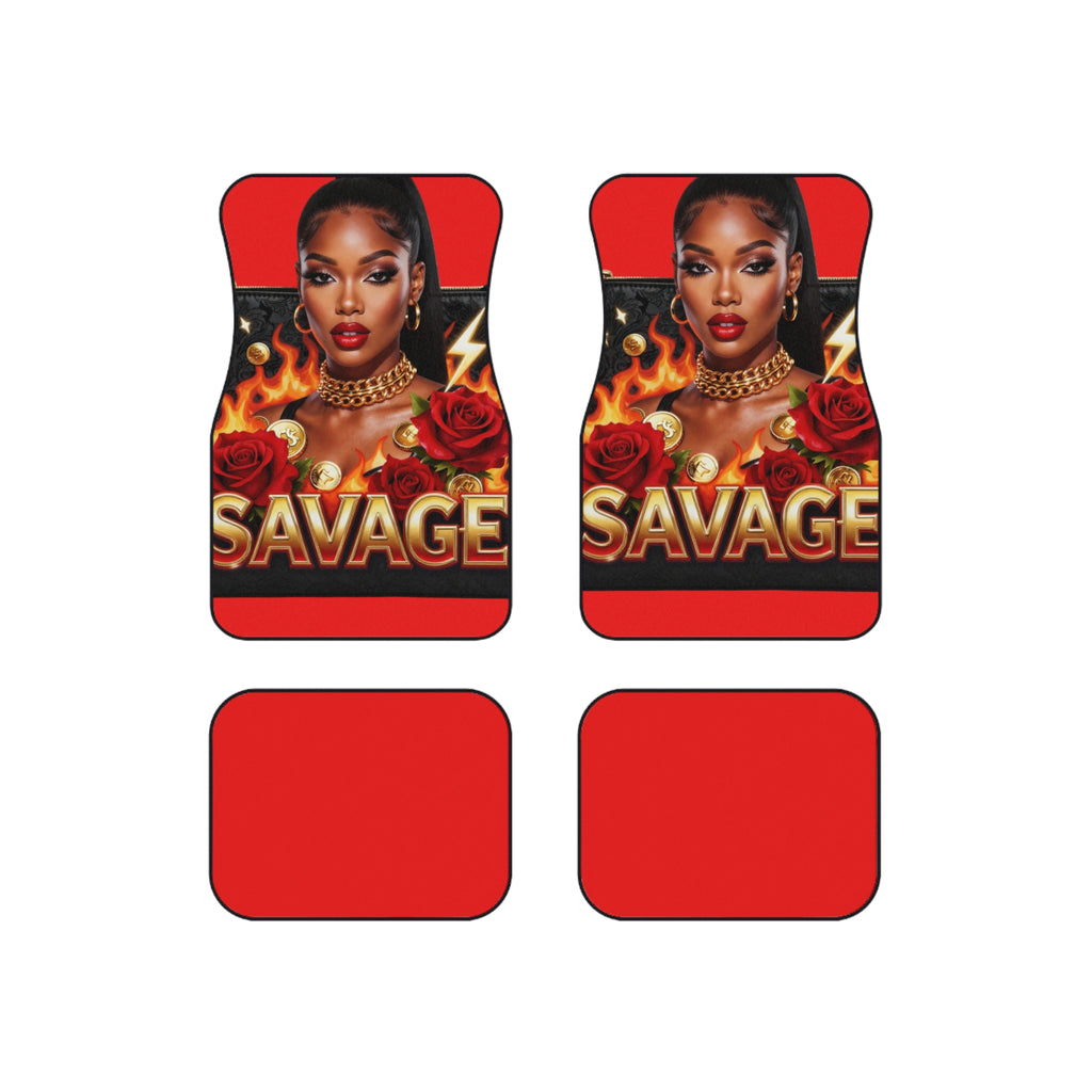 Savage Red Car Floor Mats (Set of 4) — Bold Flame & Rose Interior Accent