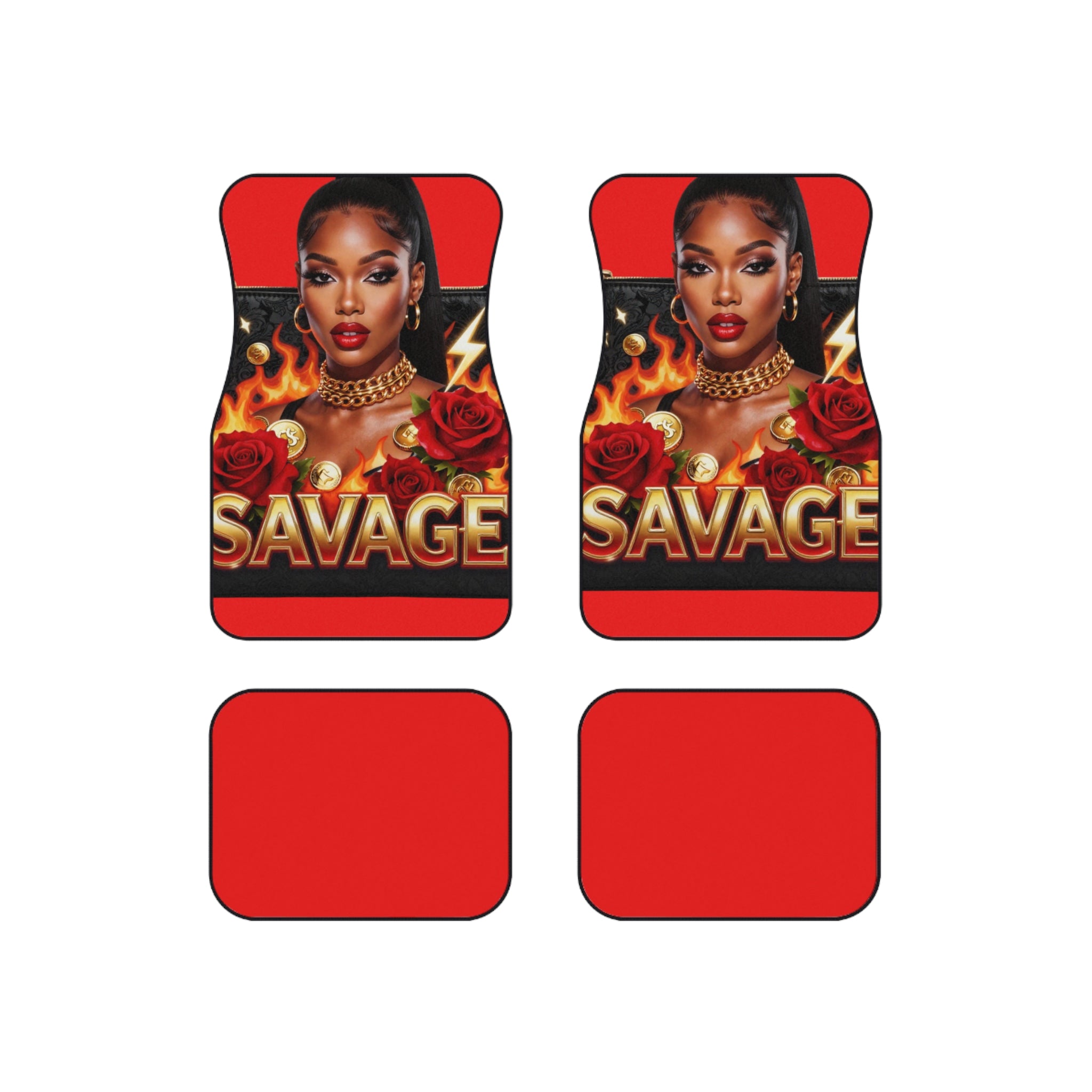 Savage Red Car Floor Mats (Set of 4) — Bold Flame & Rose Interior Accent