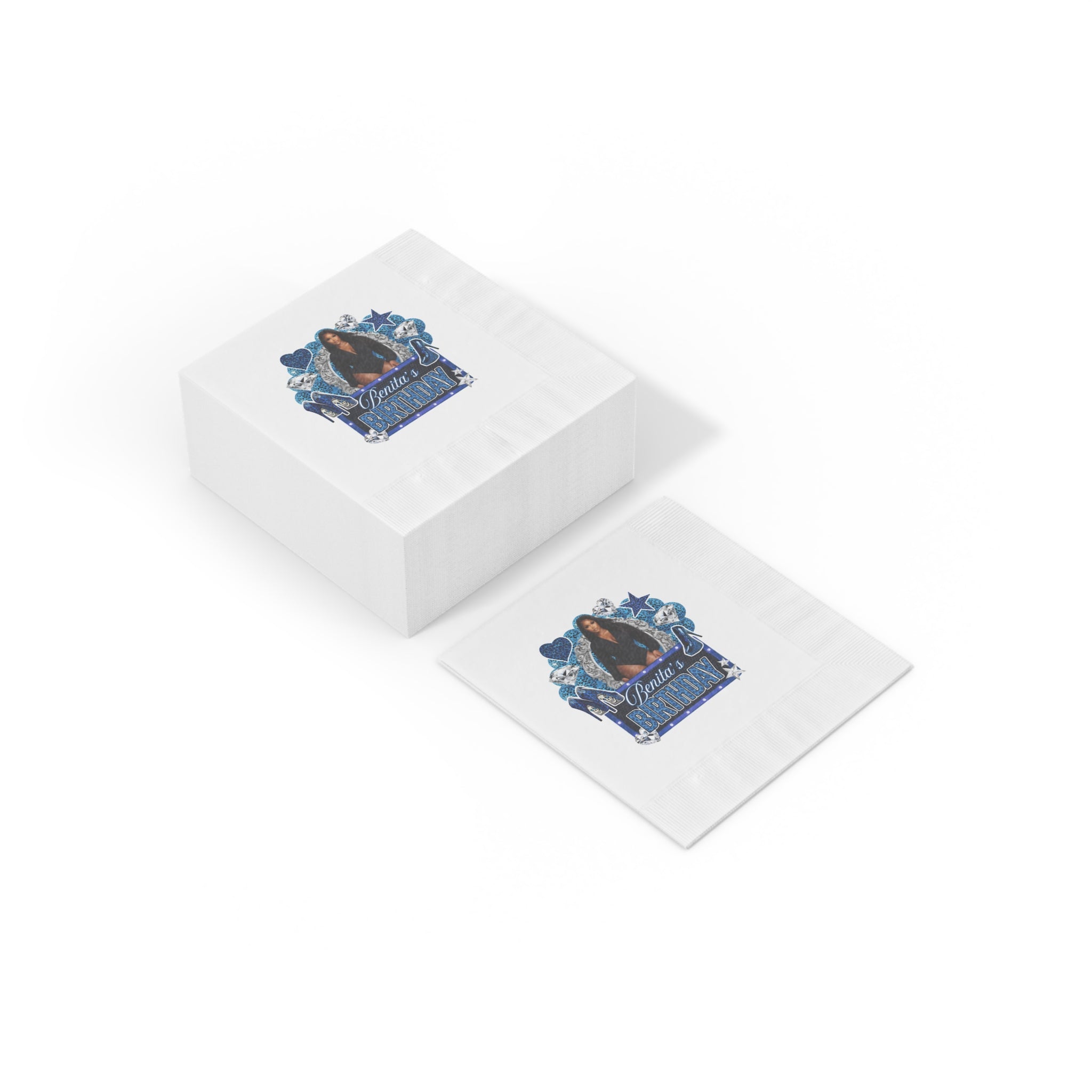 Personalized Birthday Napkins — "Benita's Birthday" Blue Glam Cocktail Napkins
