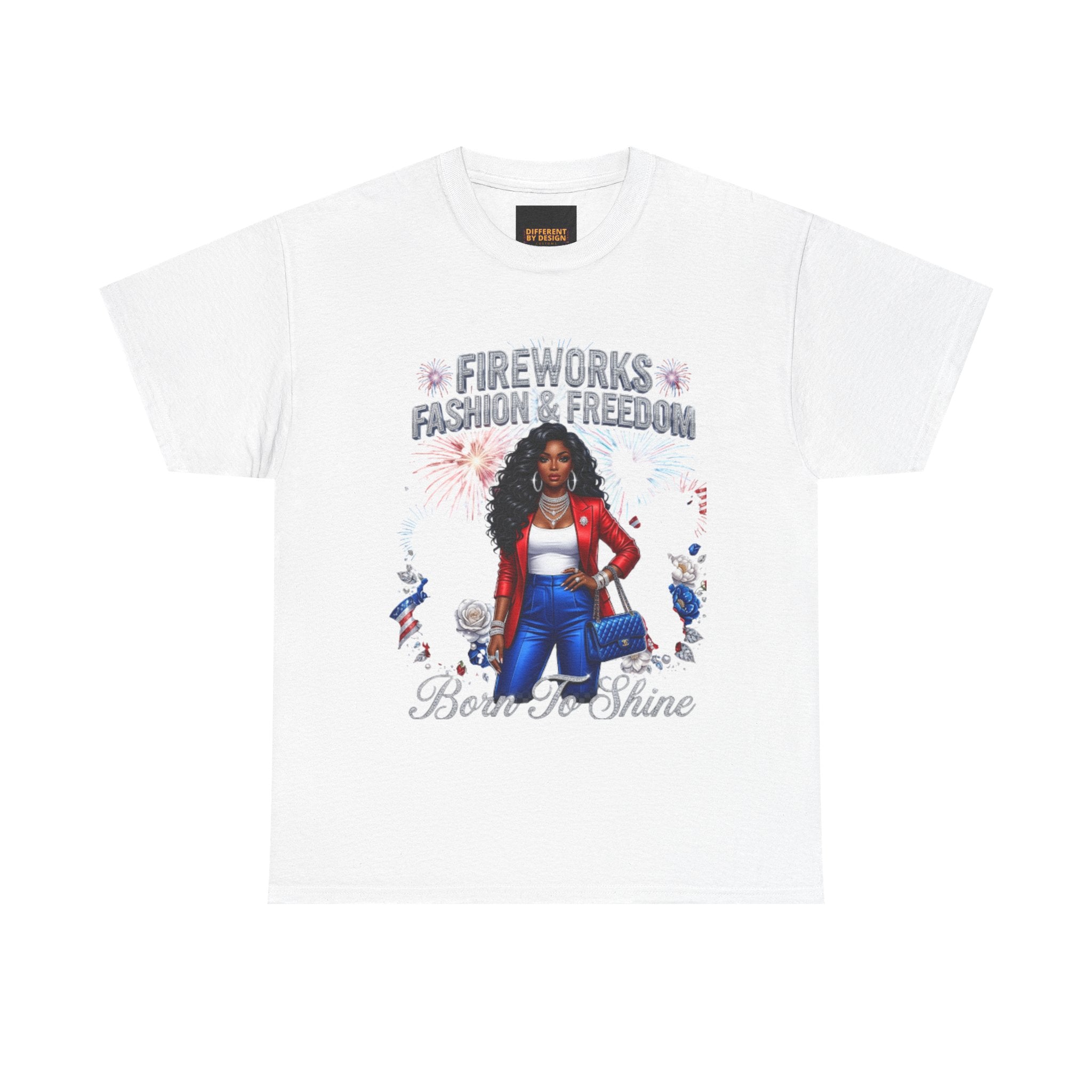 Fireworks Fashion & Freedom Tee — Born to Shine Patriotic Graphic T‑Shirt