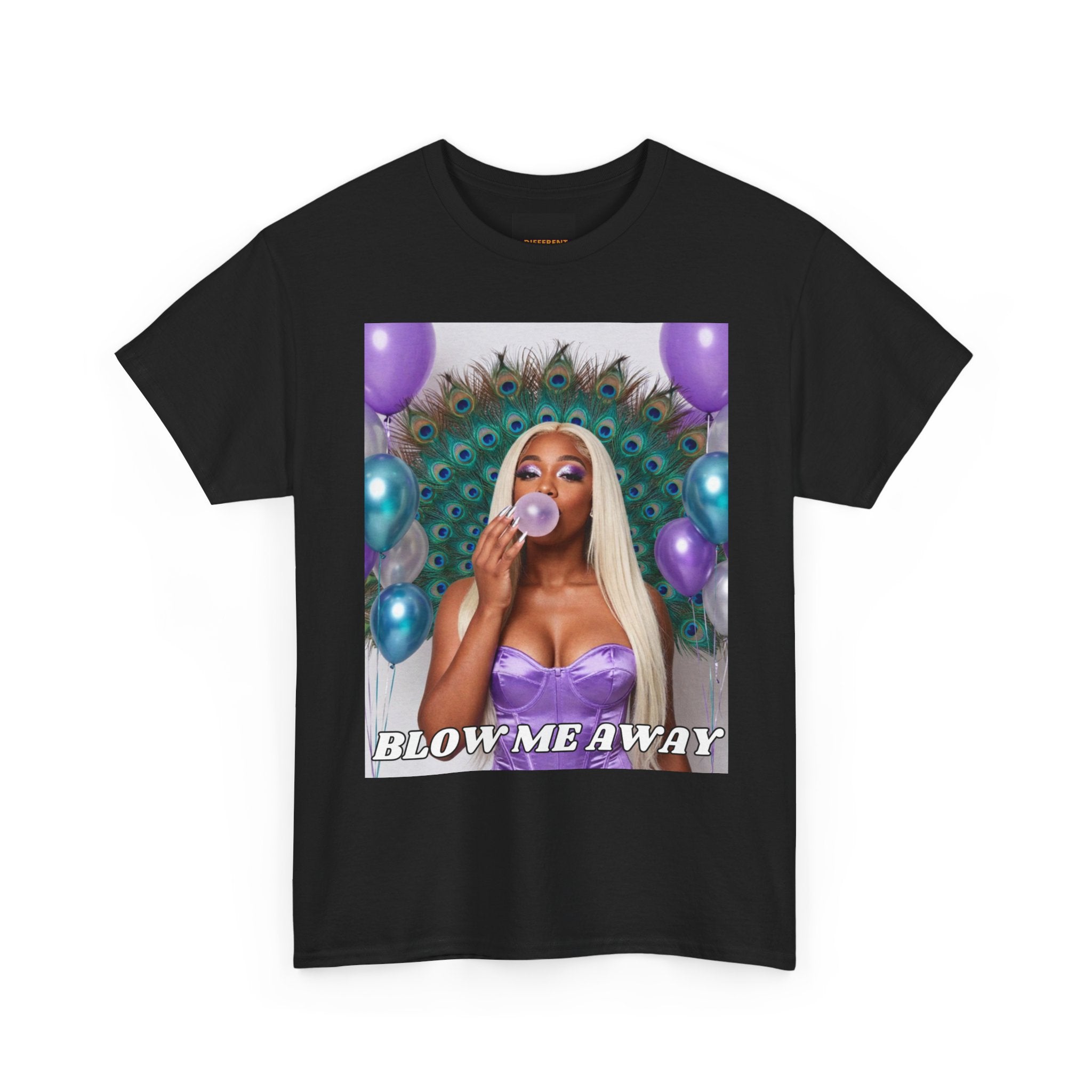 T-Shirt — "Blow Me Away" Bubblegum Pop Graphic Tee (Purple Peacock Design)