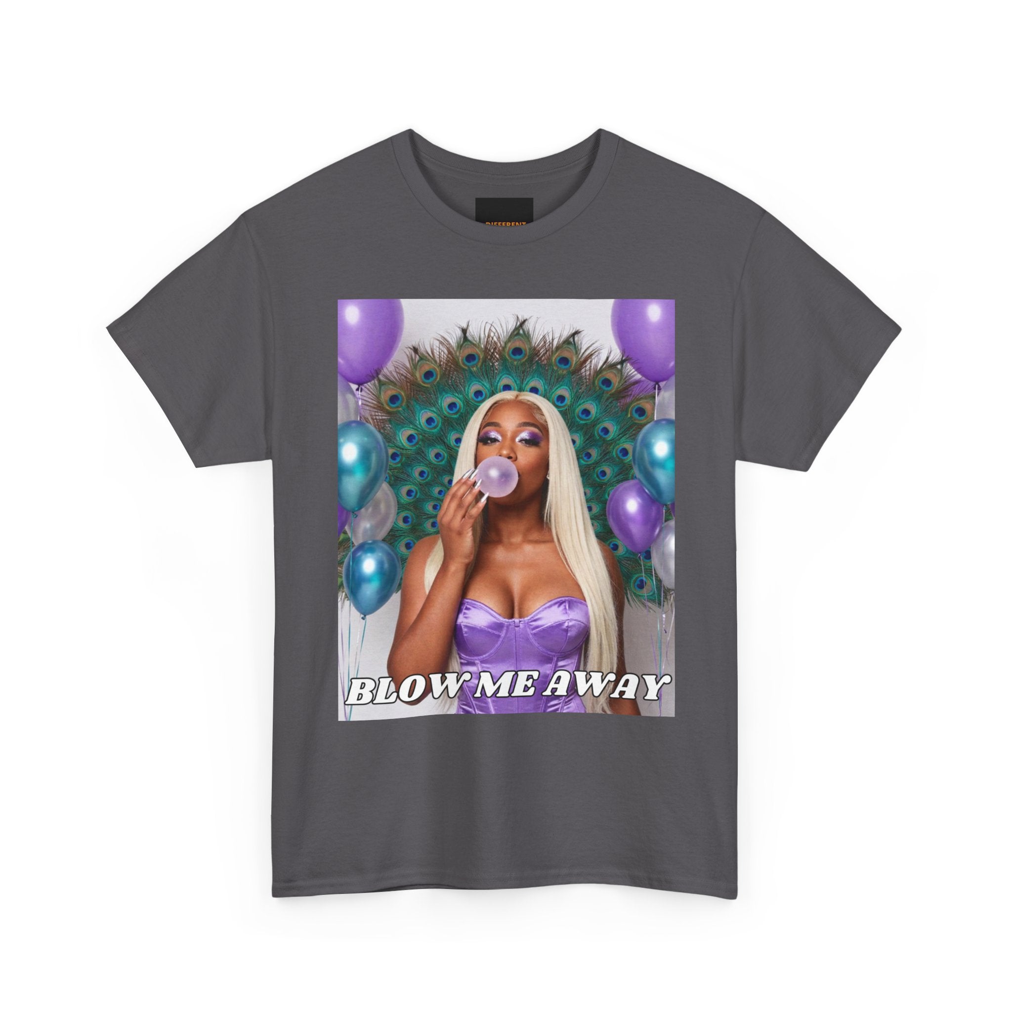 T-Shirt — "Blow Me Away" Bubblegum Pop Graphic Tee (Purple Peacock Design)