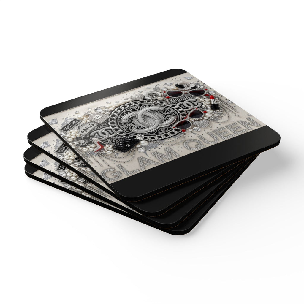 Glam Queen Cork Coaster Set — Fashion Jewelry Glitter Design (4-Pack)
