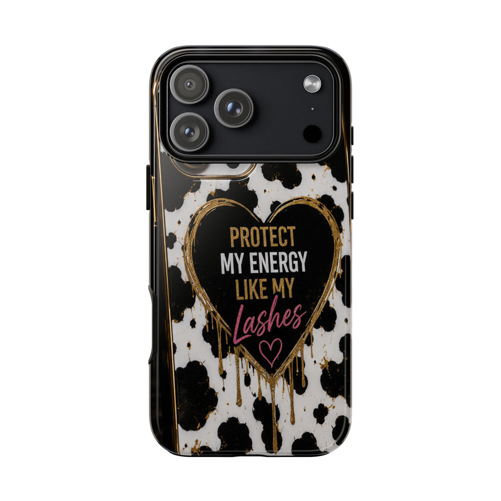 Phone Case — “Protect My Energy Like My Lashes” Cow Print Protective Case
