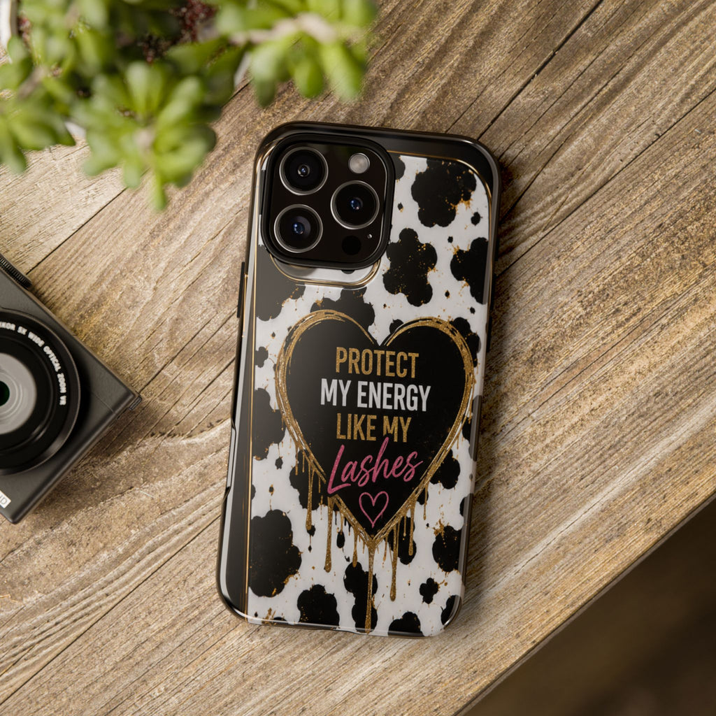 Phone Case — “Protect My Energy Like My Lashes” Cow Print Protective Case