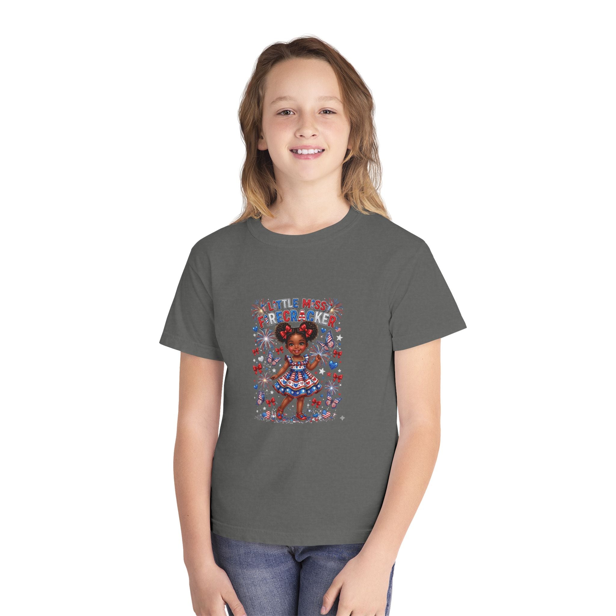 Youth Tee — “Little Miss Firecracker” Patriotic Girl Graphic T-Shirt