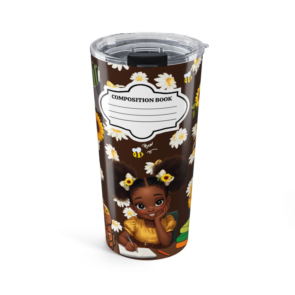 20oz Composition Book Tumbler – Cute Black Girl with Daisies Travel Cup