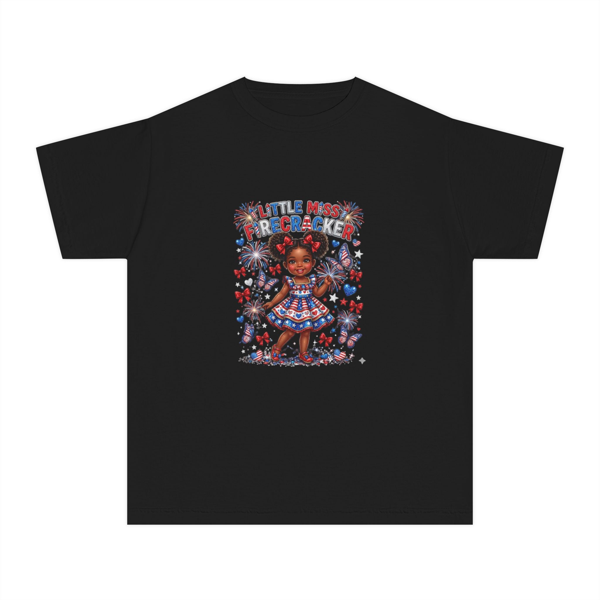 Youth Tee — “Little Miss Firecracker” Patriotic Girl Graphic T-Shirt