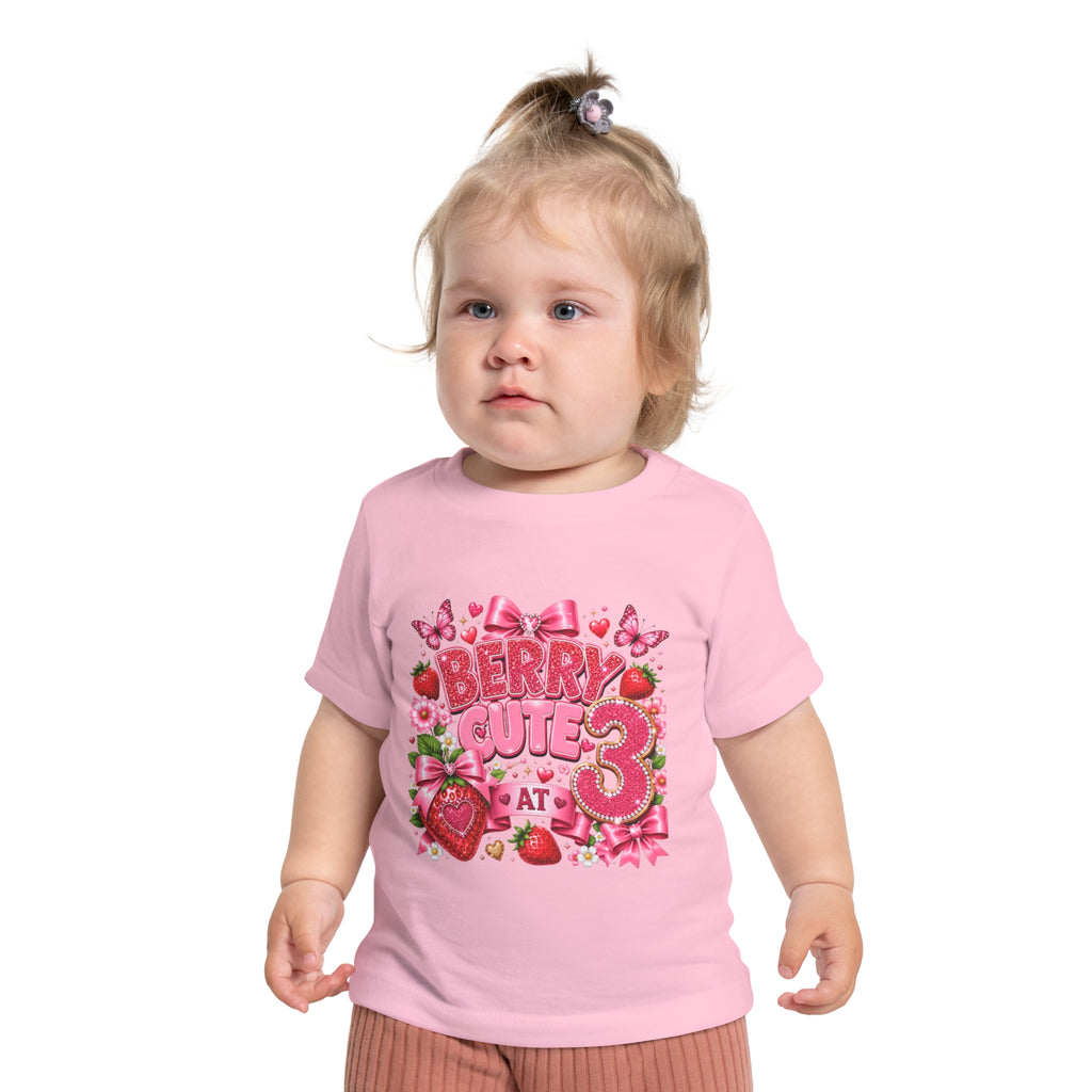 Toddler T-Shirt — "Berry Cute at 3" Pink Strawberry 3rd Birthday Tee