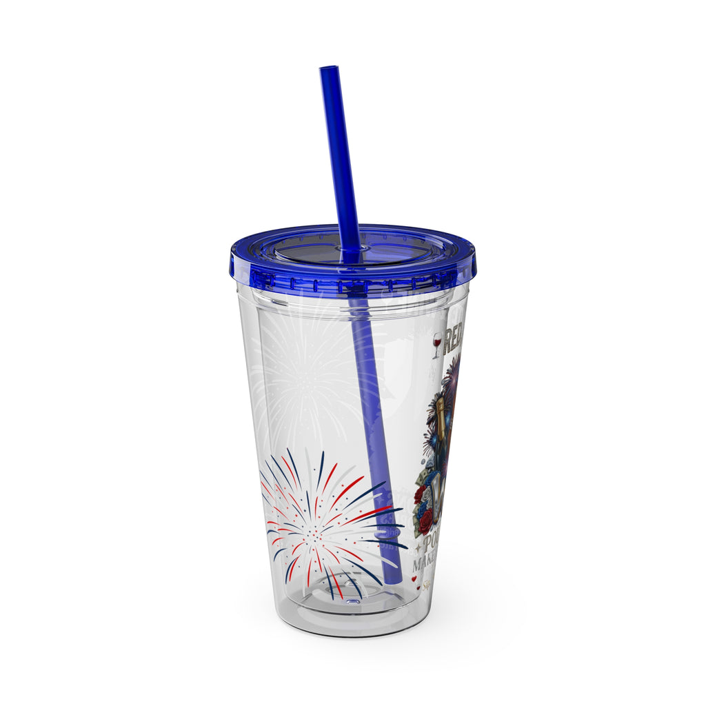 16oz Sunsplash Tumbler with Straw — 'Red, White & Wine' Patriotic Wine Lover Cup