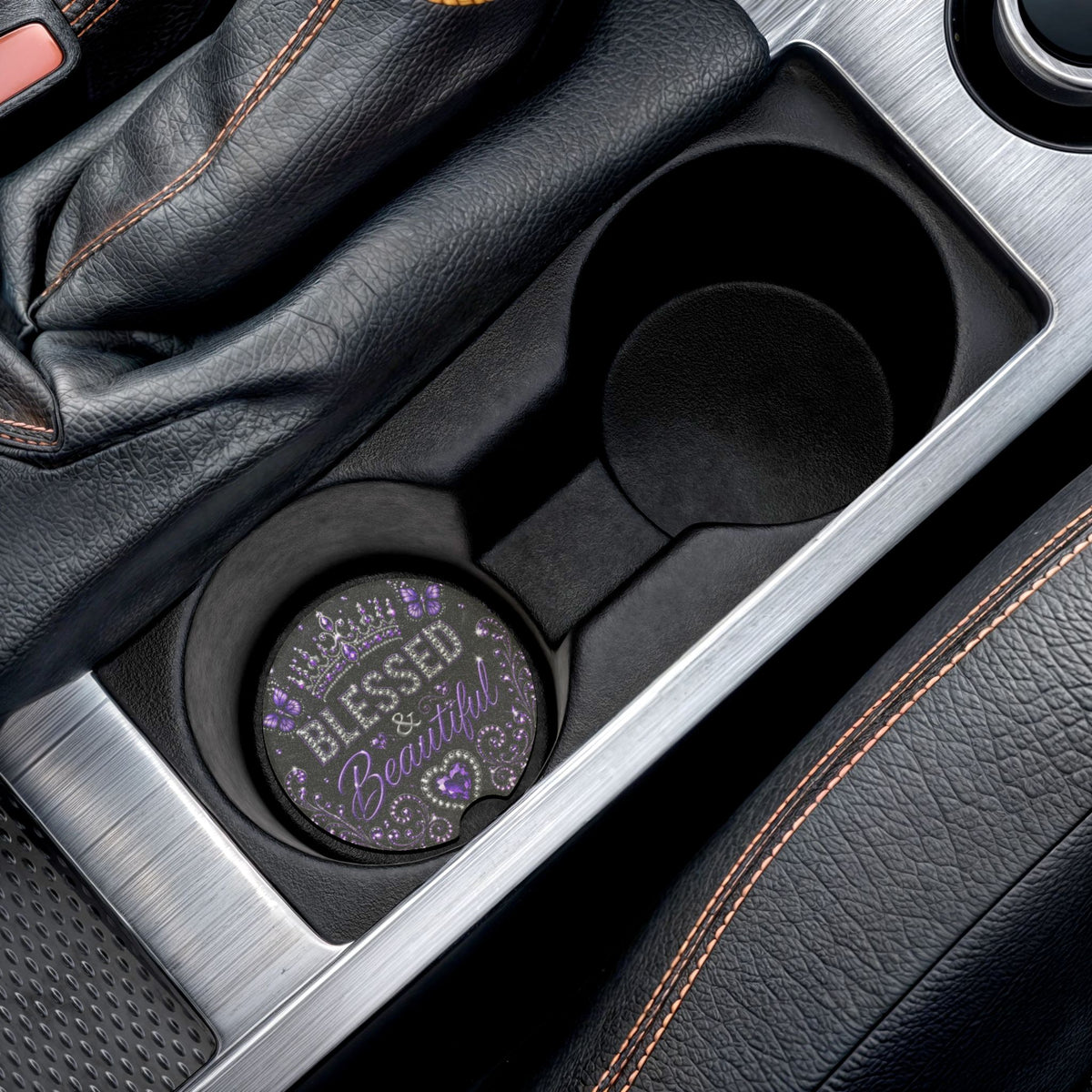 Soapstone Car Coaster — "Blessed & Beautiful" Purple Crown Rhinestone Design