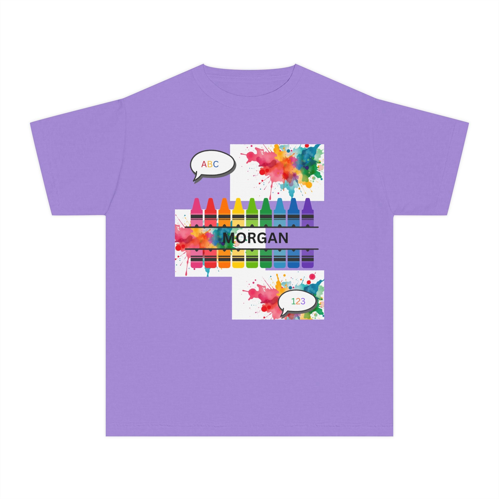 Kids Crayon Name T‑Shirt — Personalized Colorful Art Tee (ABC, 1-2)