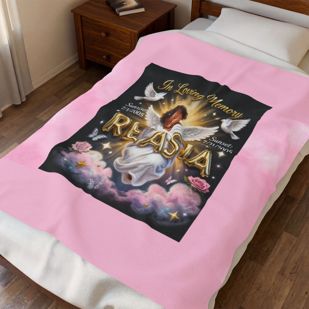Memorial Angel Velveteen Plush Blanket — "In Loving Memory Reasia"