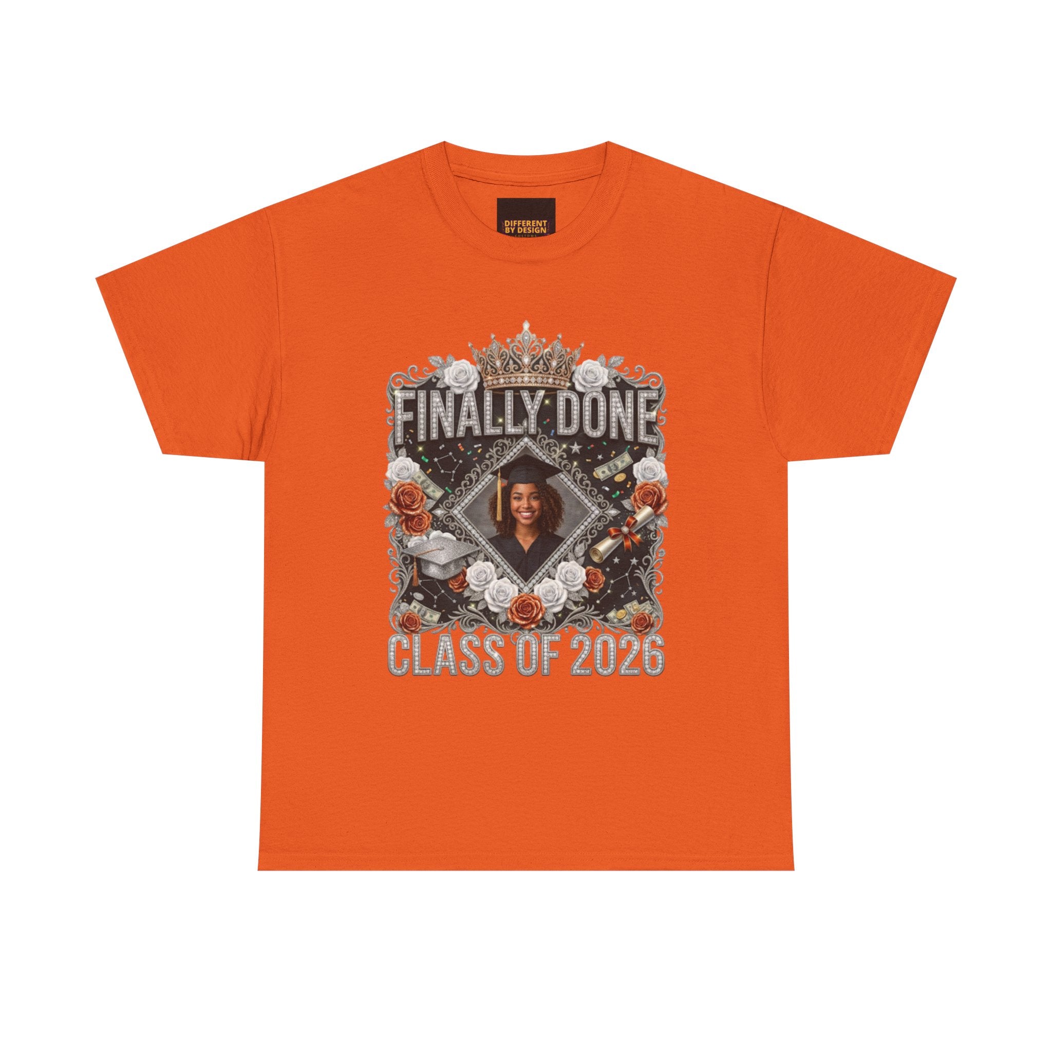 Graduation Tee — "Finally Done" Class of 2026 Personalized Cap & Gown Design