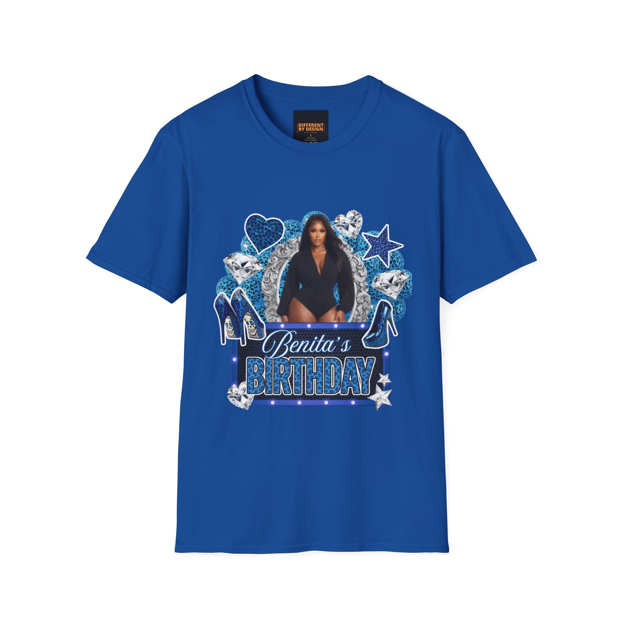 Custom Photo Birthday T-Shirt — Personalized "Birthday" Design with Blue Hearts & Diamonds