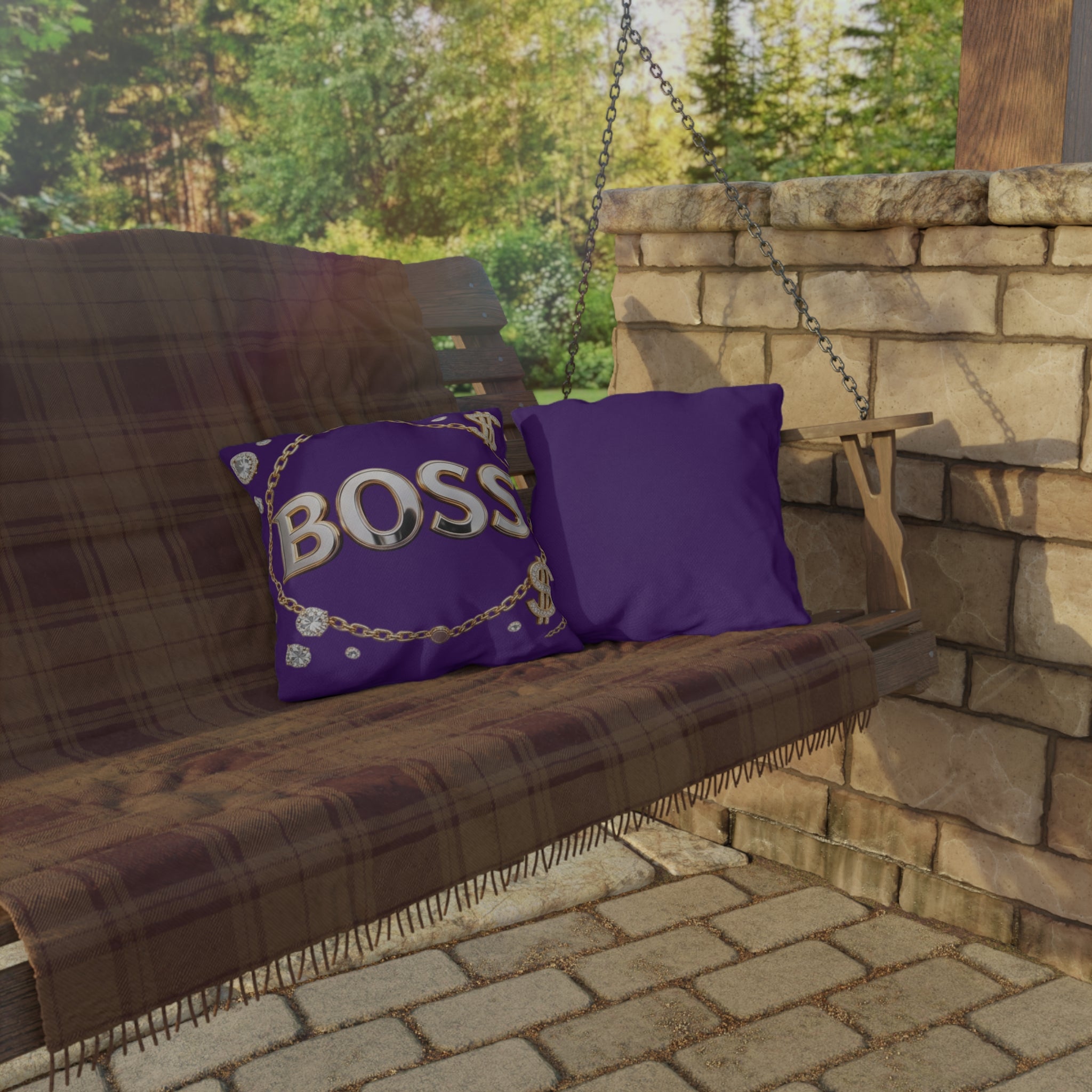 Boss Outdoor Pillow — Purple Gold Chain Dollar Accent Cushion