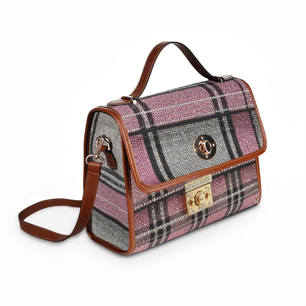 Plaid Waterproof Canvas Handbag — Pink Gray Tartan Crossbody Tote
