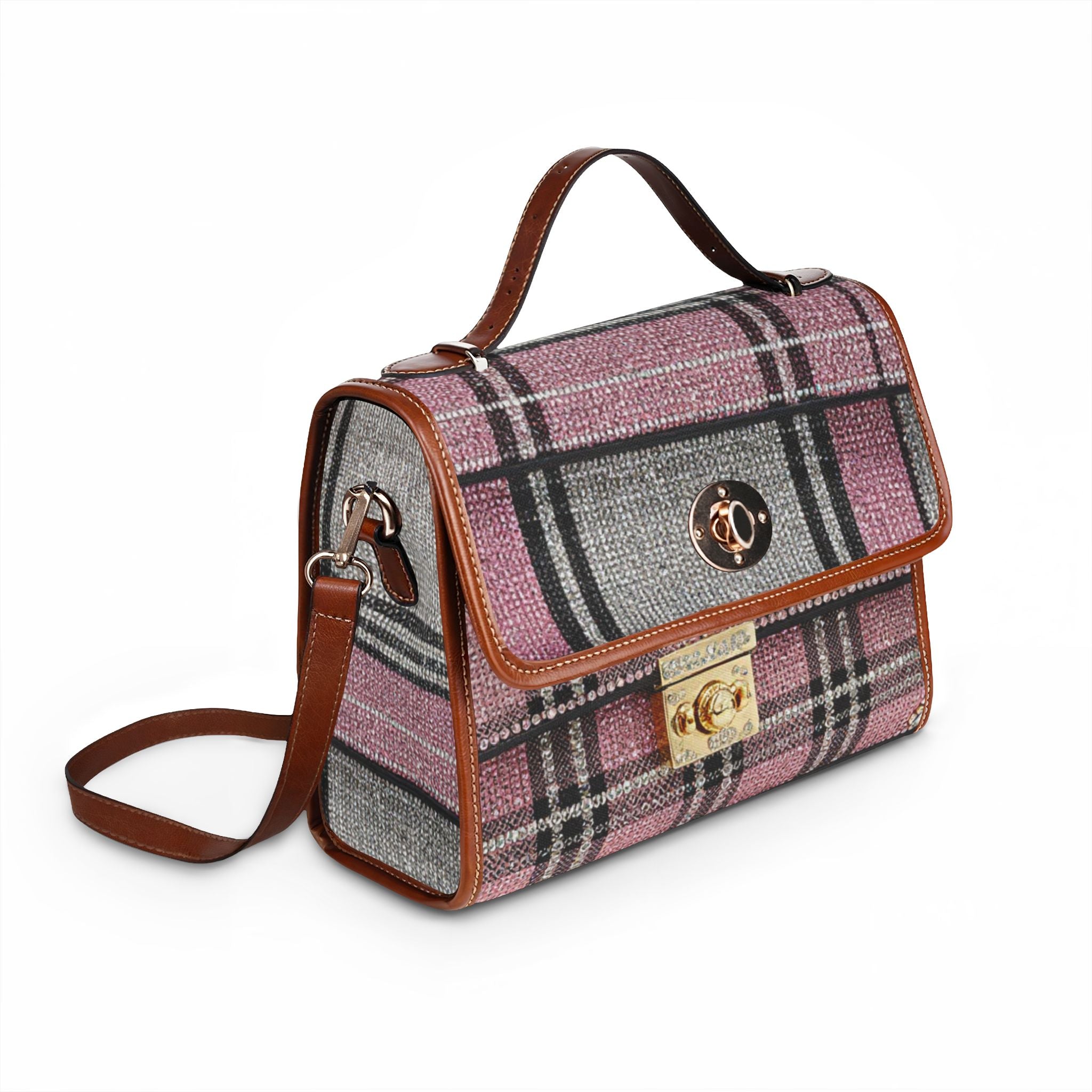 Plaid Waterproof Canvas Handbag — Pink Gray Tartan Crossbody Tote