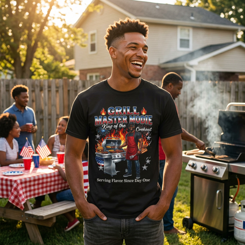 Grill Master Mode T‑Shirt — Funny BBQ Dad Tee with Flames & Grill