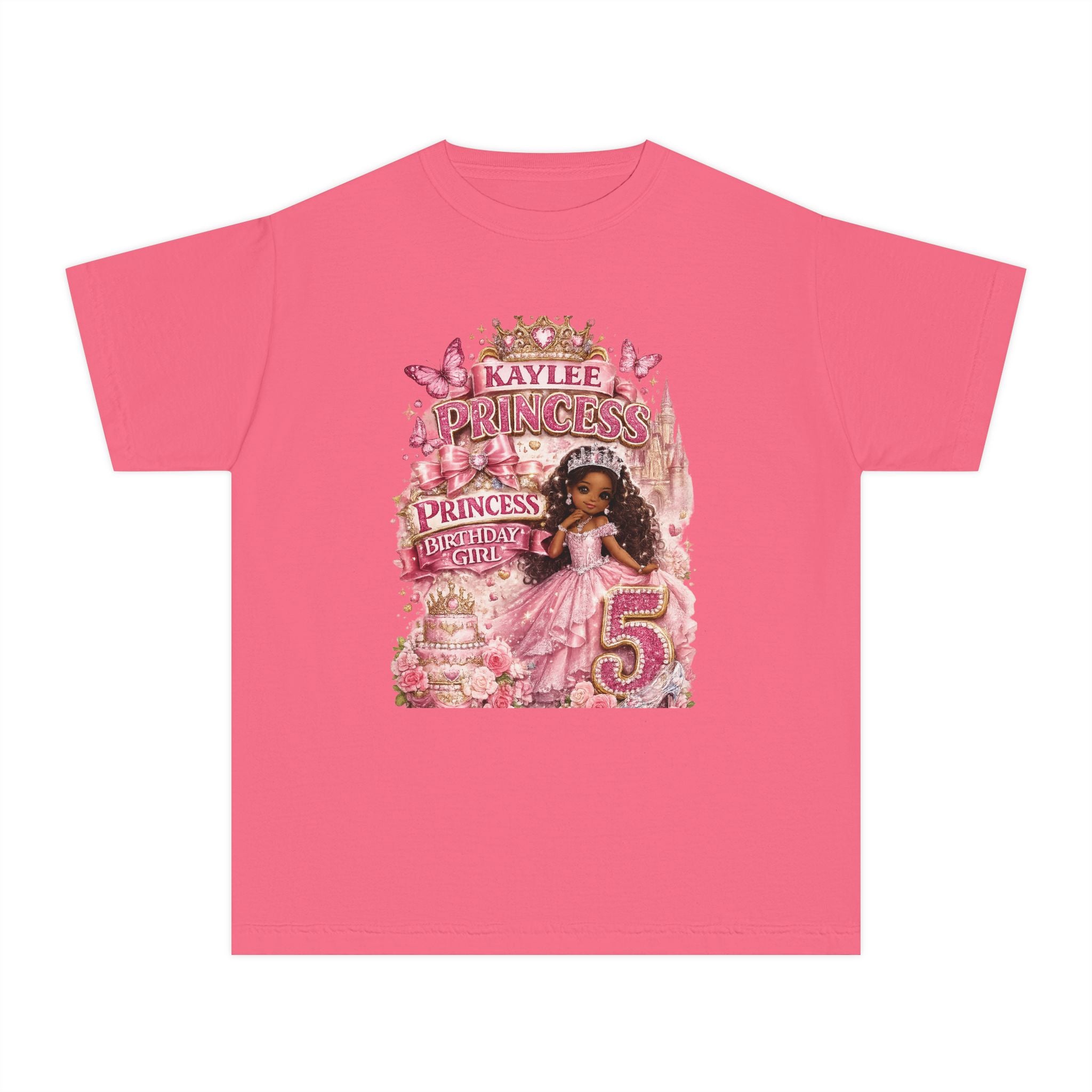 Personalized Princess Birthday Tee — "Kaylee" Glitter Pink 5th Birthday Shirt