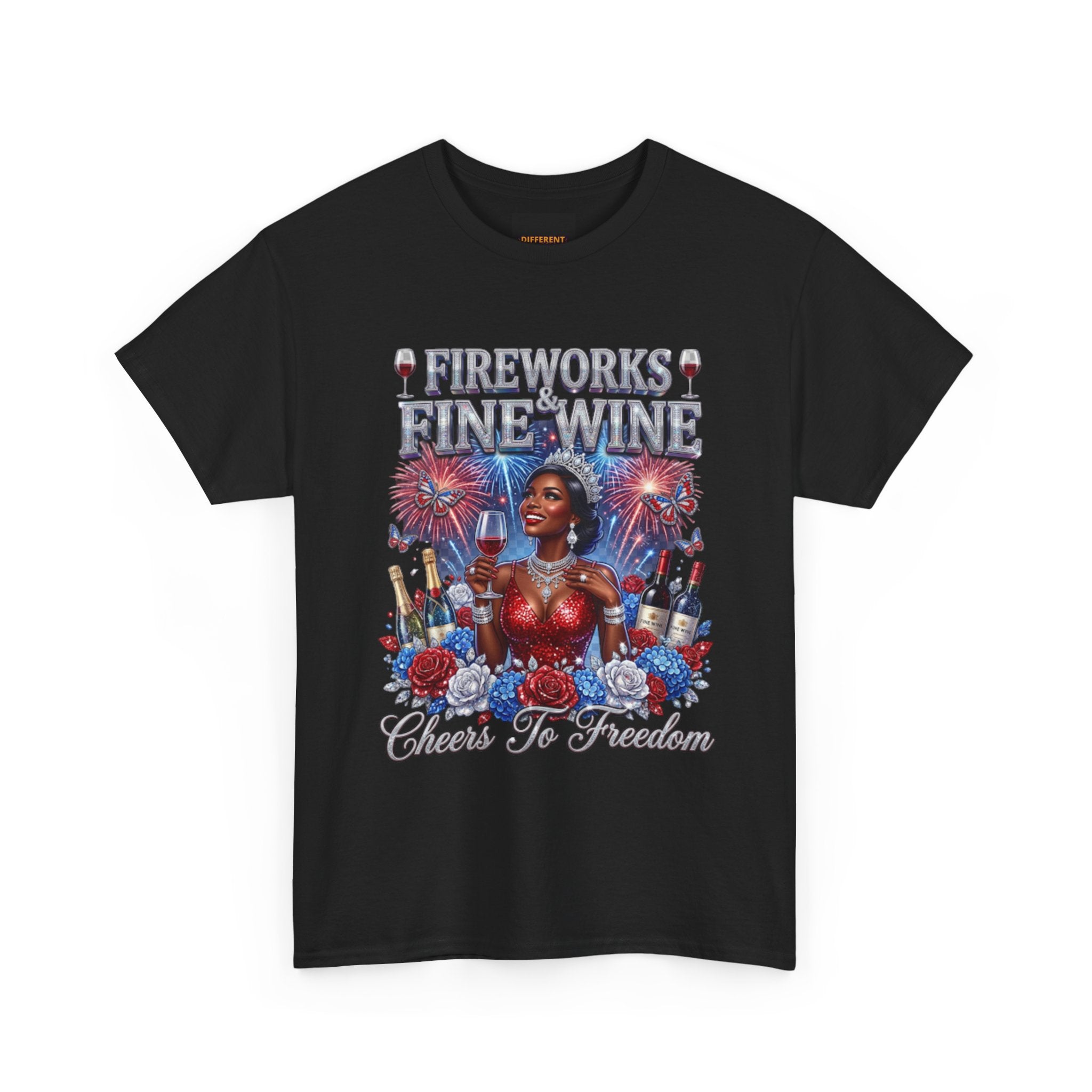 Fireworks & Fine Wine Tee — Cheers to Freedom 4th of July Patriotic Shirt