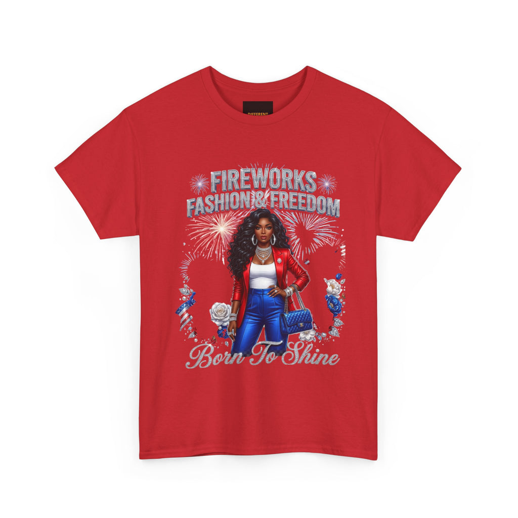Fireworks Fashion & Freedom Tee — Born to Shine Patriotic Graphic T‑Shirt