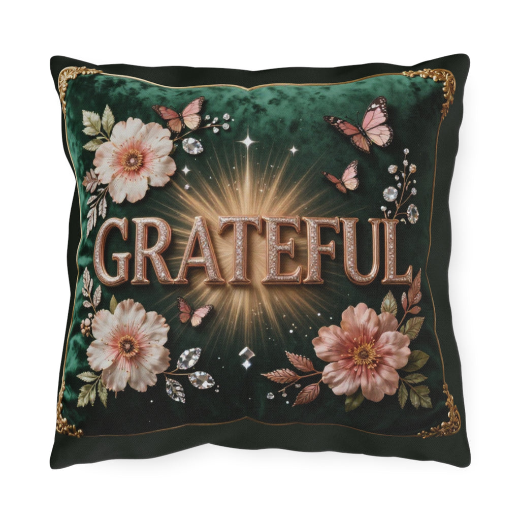 Grateful Floral Outdoor Pillow — Garden Butterflies Decorative Accent