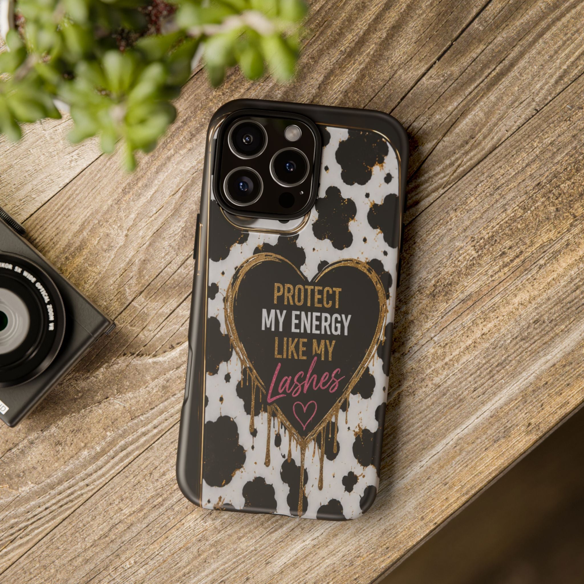 Phone Case — “Protect My Energy Like My Lashes” Cow Print Protective Case